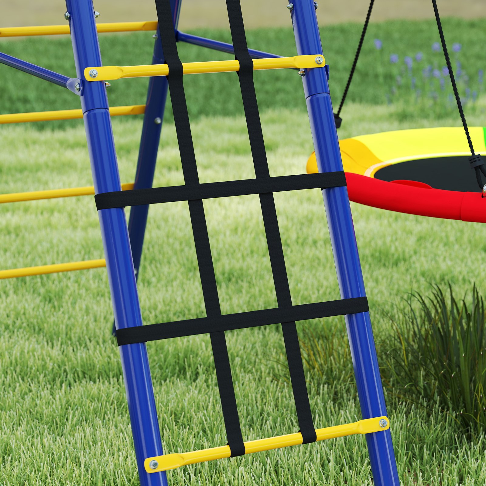 AIYAPLAY 6 in 1 Metal Kids Swing Set with 3 Swings, Climbing Ladder & Net, Basketball Hoop, for Ages 3-8 - Image 9