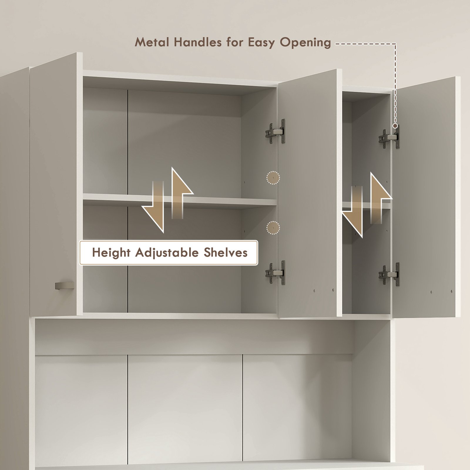 HOMCOM Freestanding Kitchen Pantry Storage Cabinet with Adjustable Shelves & Middle Worktop - White - Image 6