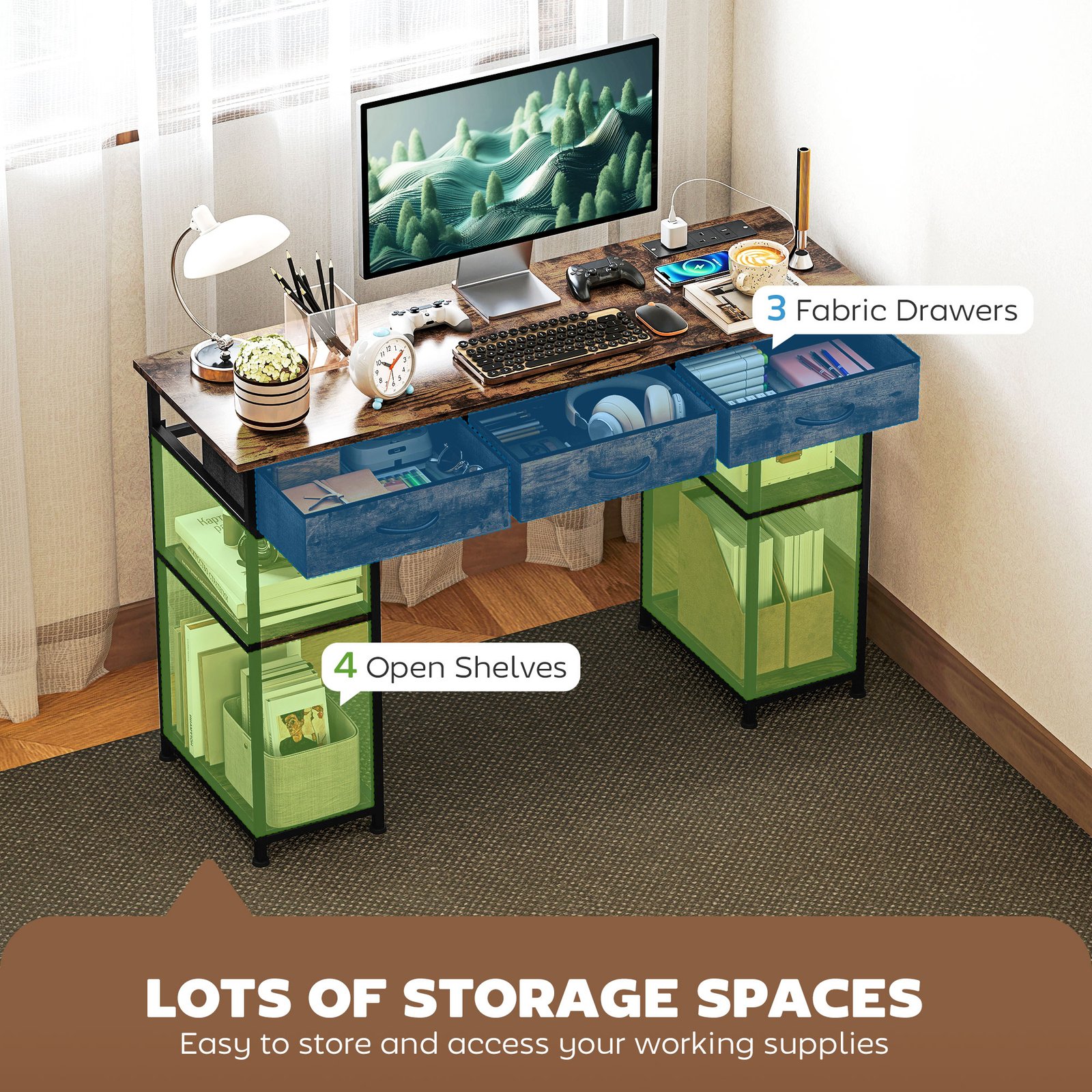 HOMCOM 120cm Computer Desk with Power Outlets, Office Desk Study Table with Fabric Drawers and Storage Shelves, Rustic Brown - Image 4