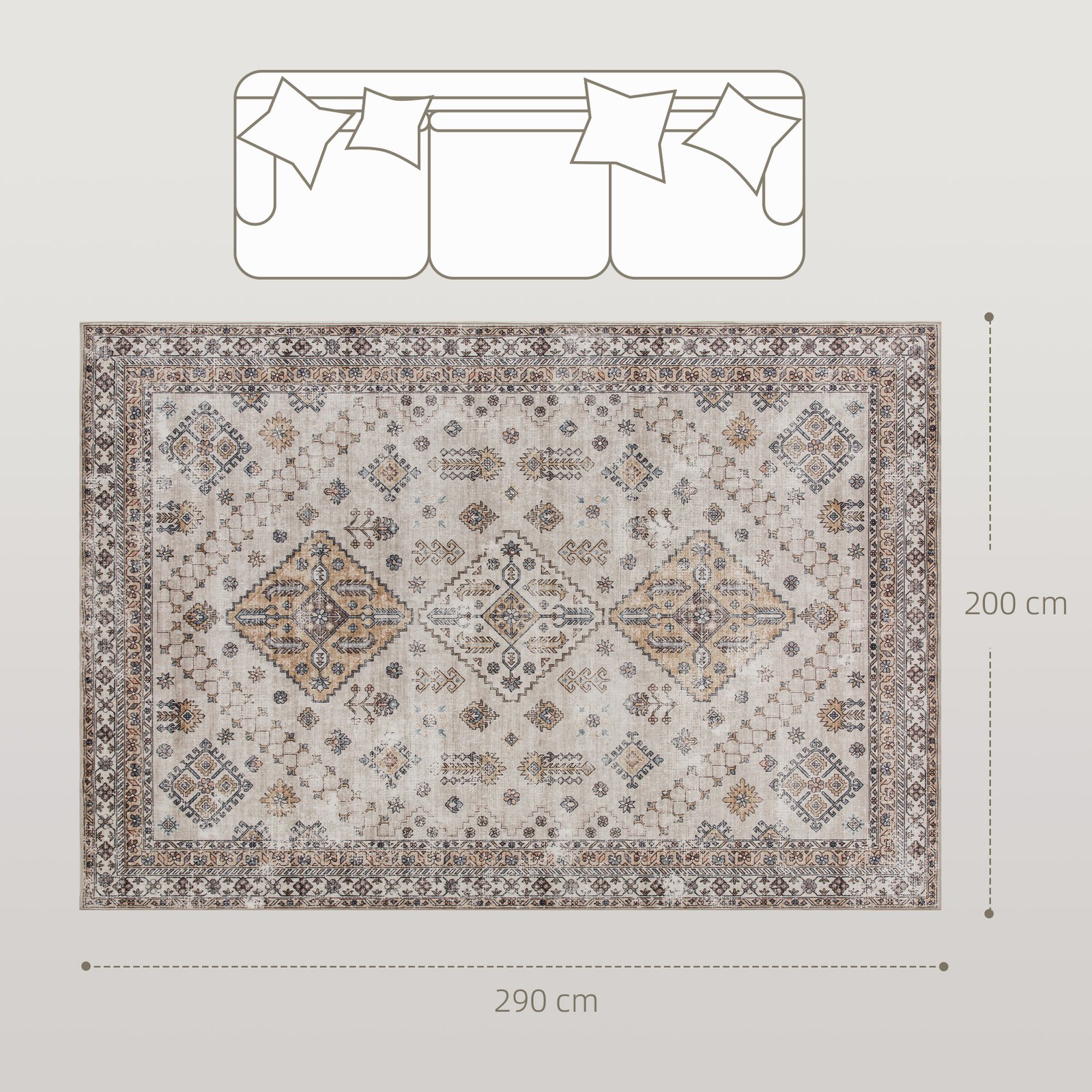 HOMCOM Vintage Area Rug, Non-Slip Washable Rug, Flannel Floor Carpet for Living Room, Bedroom, Dining Room, Home Office, 290 x 200 cm, Beige - Image 3