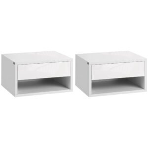 HOMCOM Set of Two Floating Bedside Tables - High Gloss White