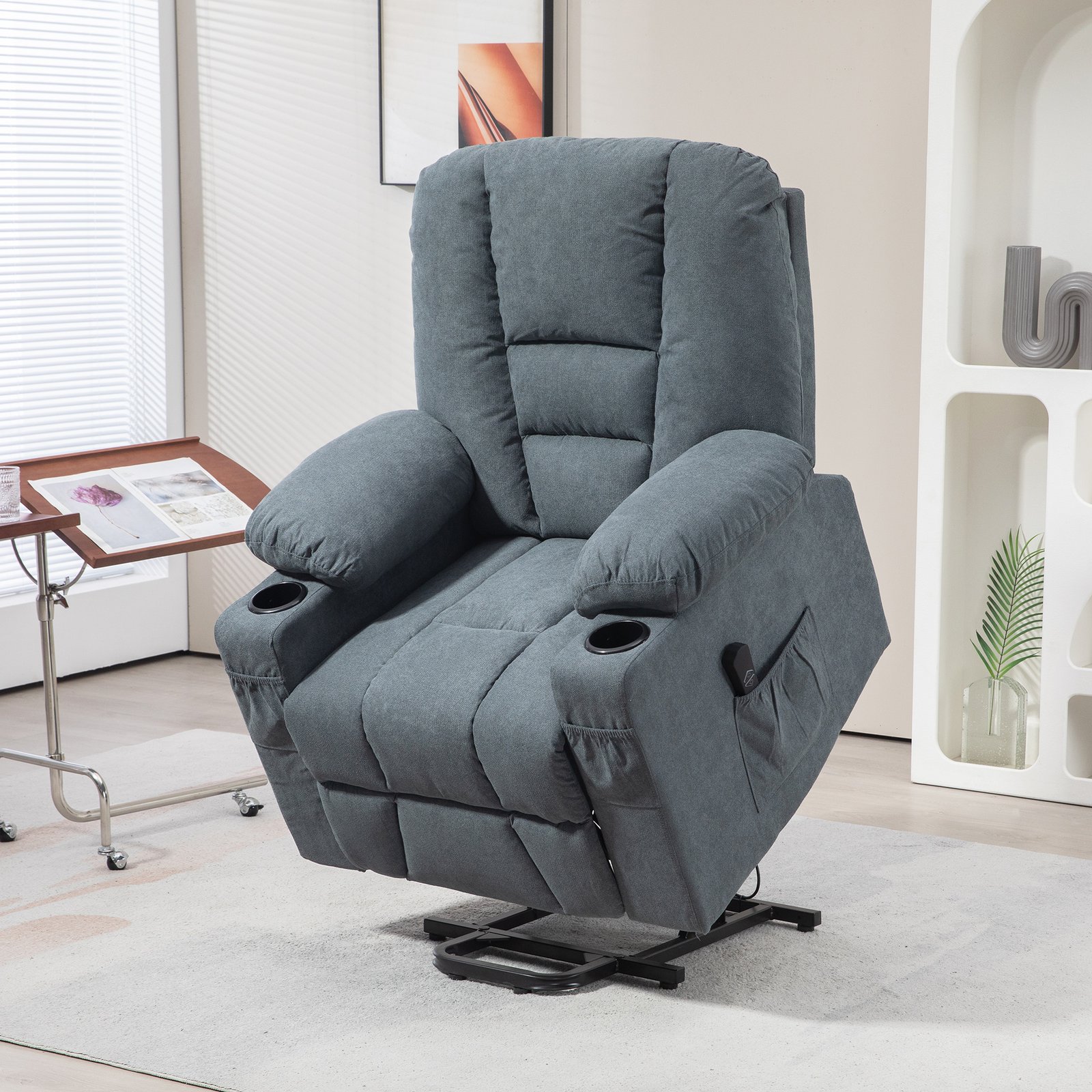 HOMCOM Oversized Riser and Recliner Chairs for the Elderly, Fabric Upholstered Lift Chair for Living Room with Remote Control, Side Pockets, Cup Holder, Grey - Image 2