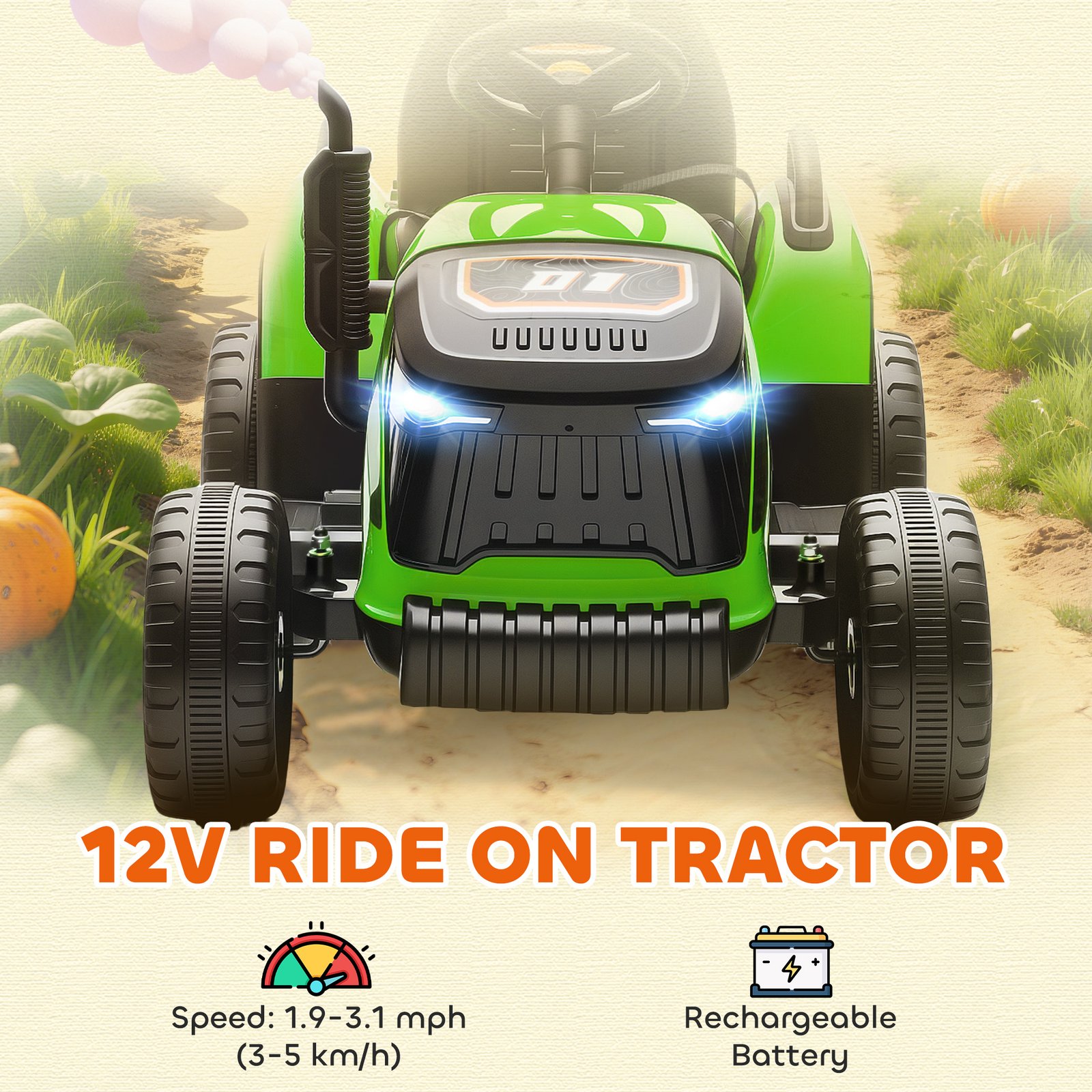 AIYAPLAY 12V Ride on Tractor and Trailer with Remote Control, Music, Shifter, Start-Up Sound, for Kids Ages 3-8 Years, Green - Image 4