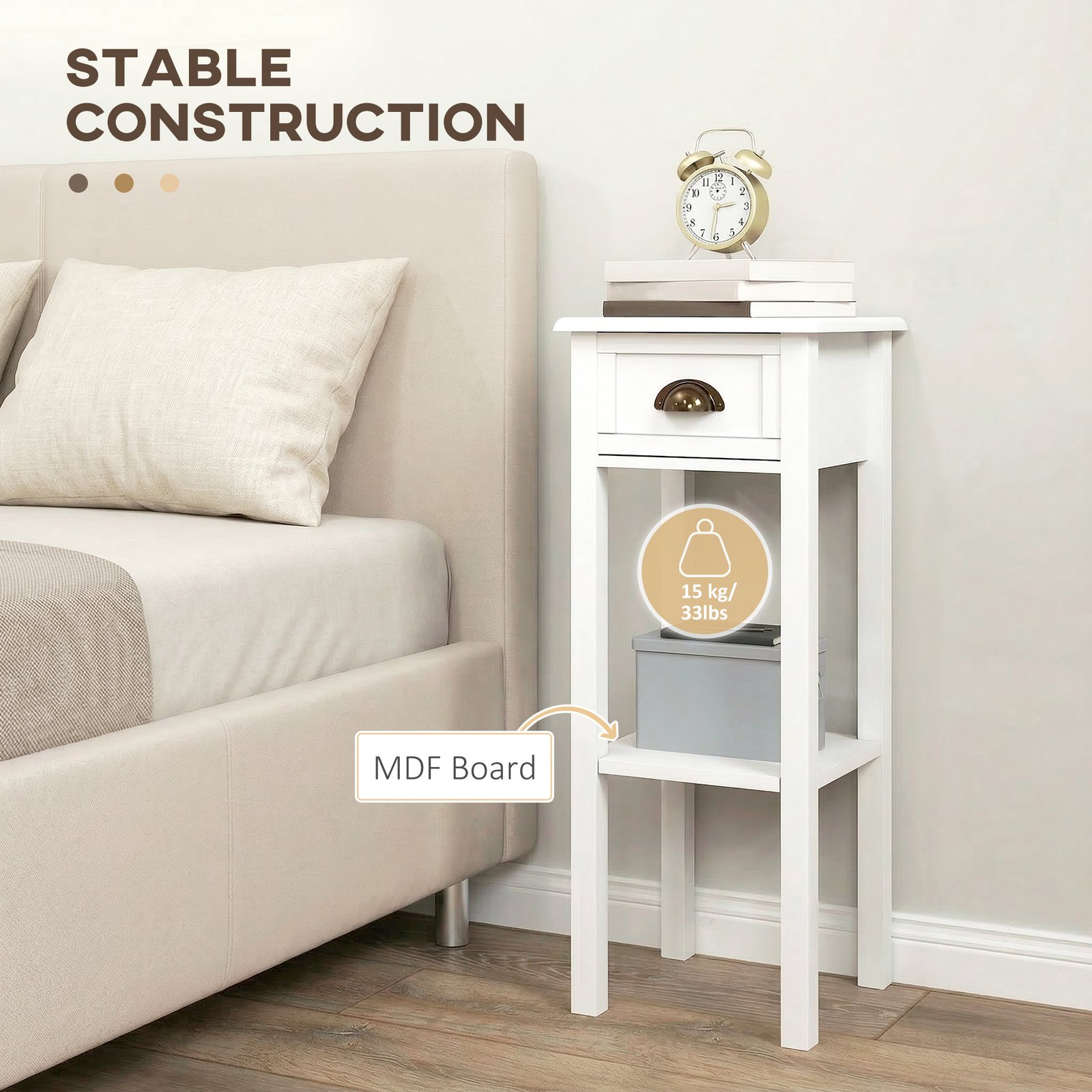 HOMCOM 2-Tier Side Tables Set of 2 with Drawer and Shelf, 2 Pieces Bedside Tables for Living Room and Hallway, White - Image 5