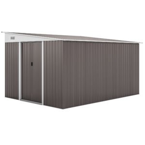 Outsunny 11.3 x 9.2ft Lean to Metal Garden Shed, Waterproof Outdoor Tool & Bike Storage Shed Galvanised with Lockable Double Sliding Doors, Pent Roof and 2 Air Vents, Grey