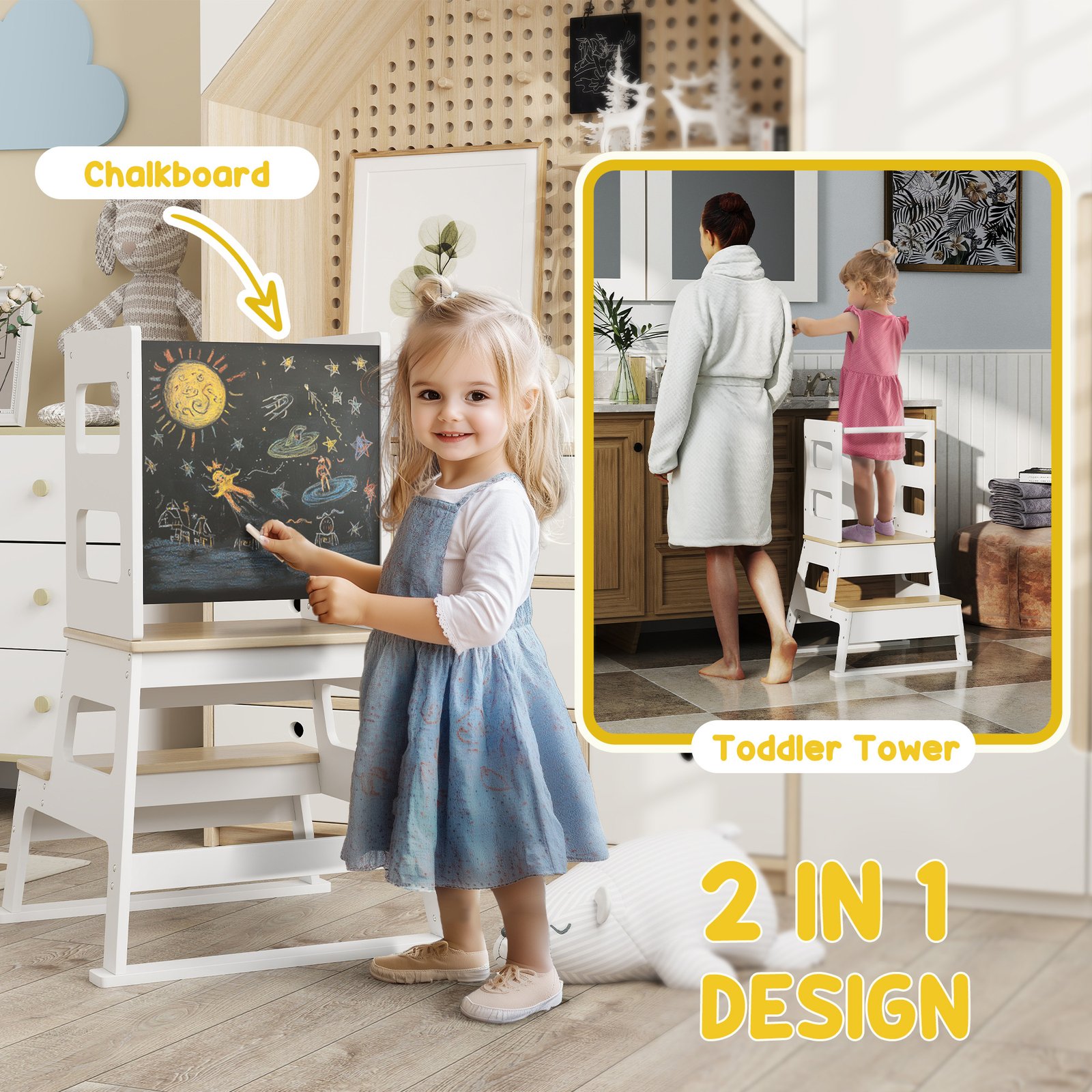 AIYAPLAY 2-in-1 Toddler Tower with Chalkboard, Safety Rail for Kitchen, Counter, Bathroom, Sink, White - Image 5