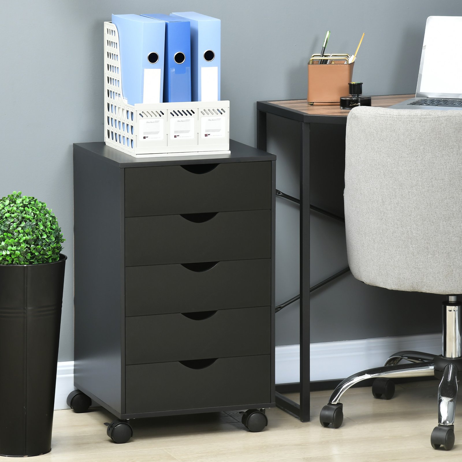 HOMCOM 5 Drawer Mobile Filing Cabinet, Vertical File Cabinet, Modern Rolling Office Storage Organizer Cupboard, Black - Image 2