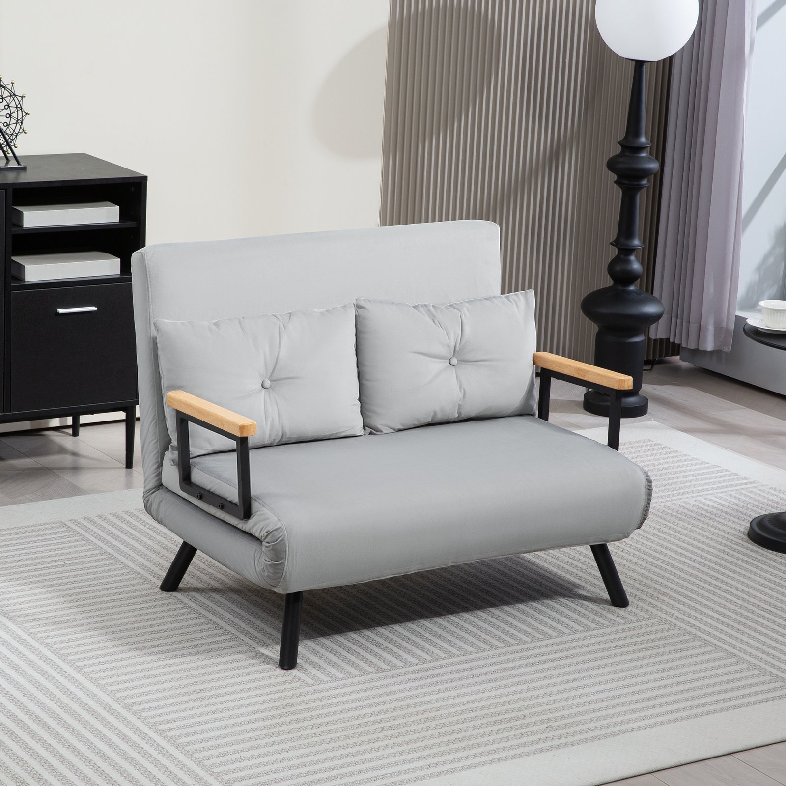 HOMCOM 4-in-1 Velvet-Feel Double Sofa Bed, with Pillows - Light Grey - Image 8