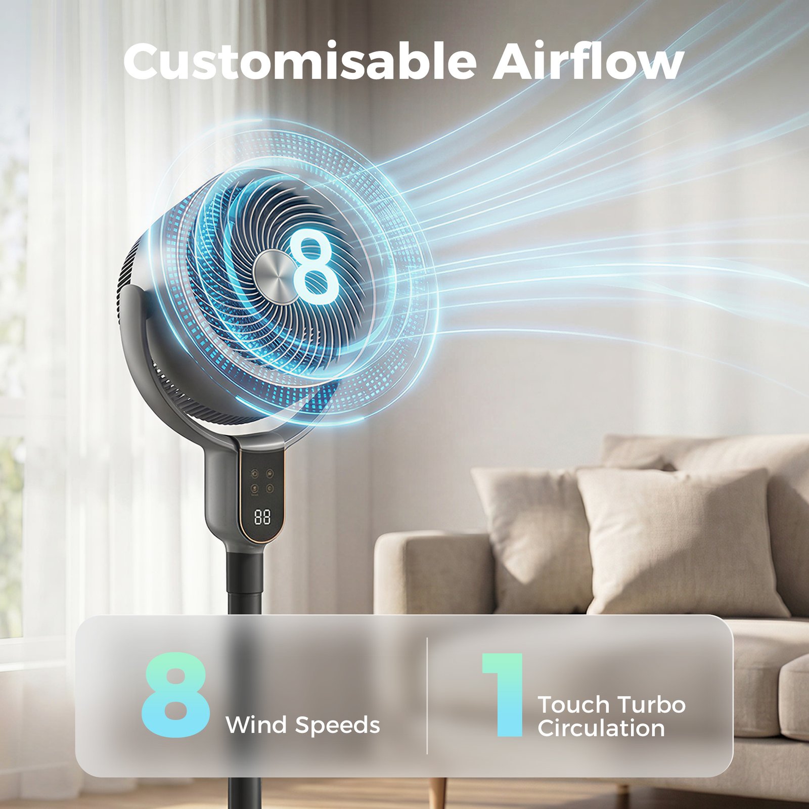 HOMCOM 20 dB Silent Standing Fan for Bedroom, 42" Pedestal Fan with Remote, 90° Oscillating, 8 Speeds, Remote Control, Grey - Image 4