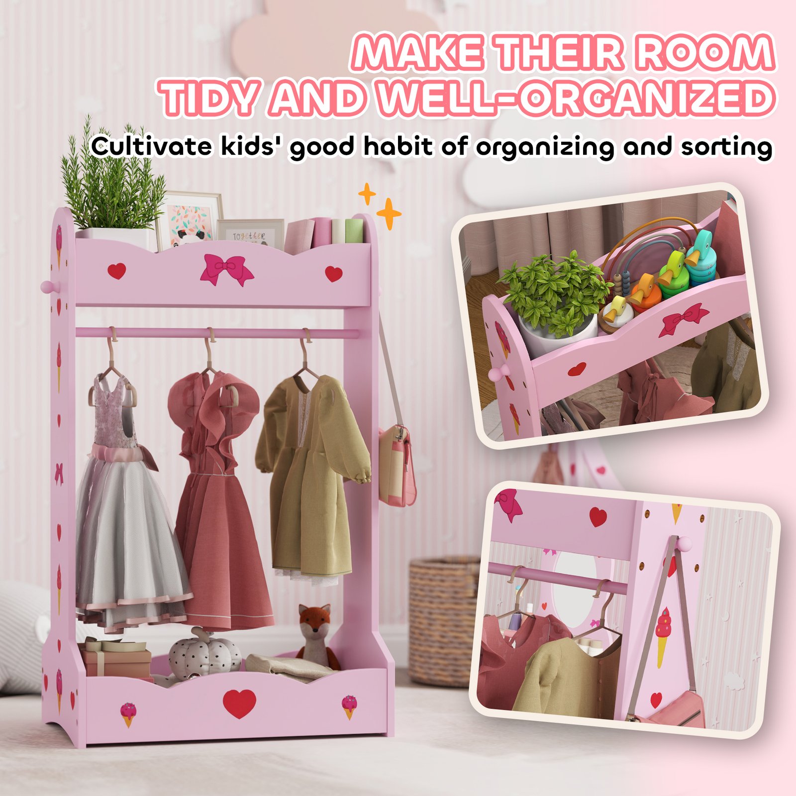 AIYAPLAY Kids Bed with Safety Rails, Kids Clothes Rail, Kids Full Length Mirror, 3 Piece Kids Furniture Set for Bedroom, Pink - Image 6