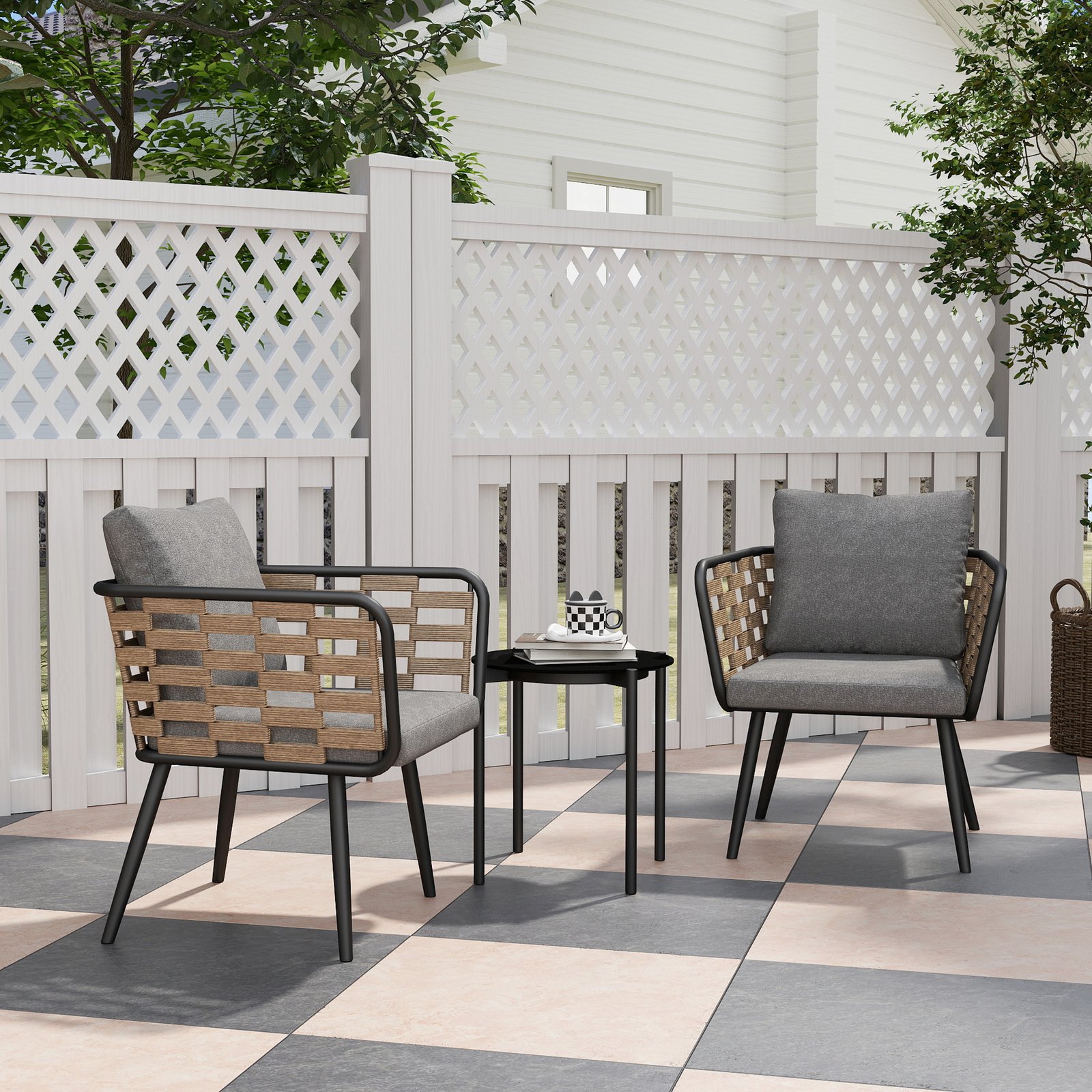 Outsunny 3 Pieces Rattan Bistro Set with Washable Seat and Back Cushions, Glass Top Coffee Table, for Outdoor, Patio, Black - Image 2
