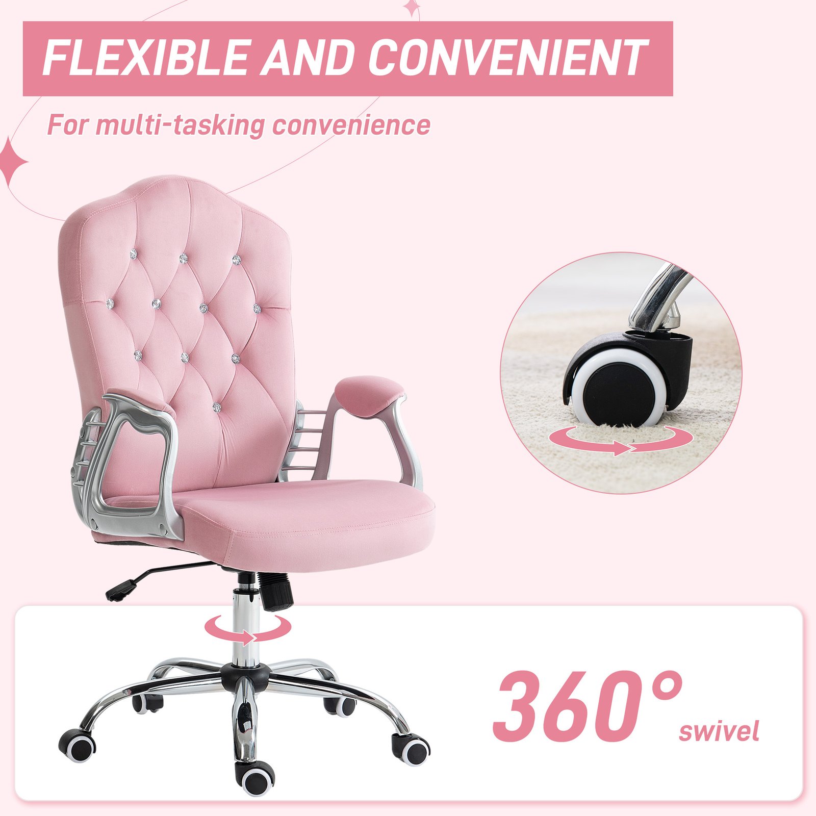 Vinsetto Velvet-Feel Work Chair, with Diamante Back - Pink - Image 6