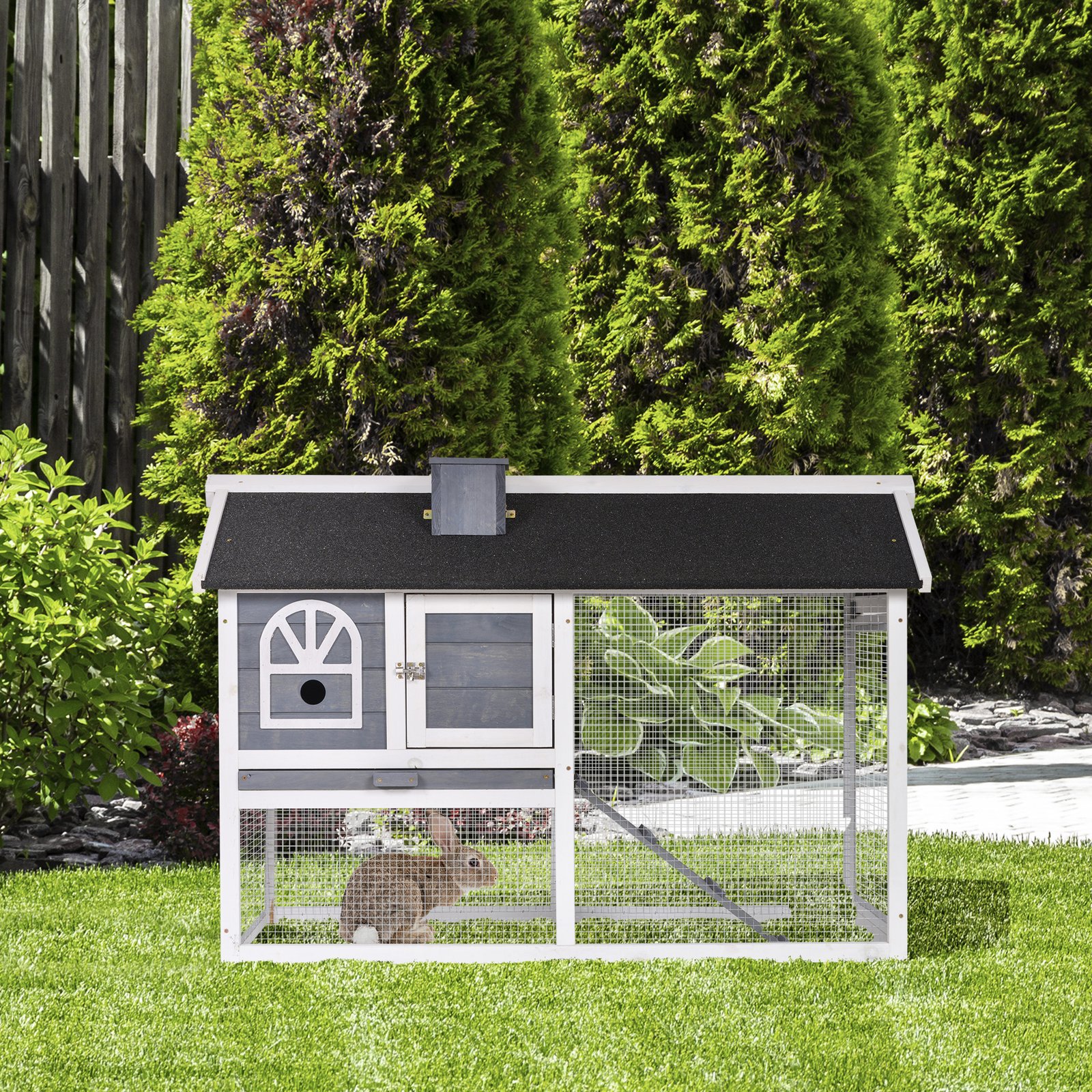 PawHut Wooden Rabbit Hutch and Run with Sliding Tray, Ramp, Water-resistant Roof, for 2-4 Rabbits, Grey - Image 2