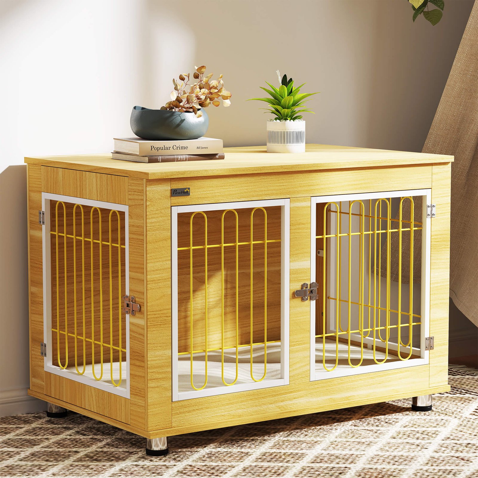 PawHut Dog Crate Furniture, Dog Cage End Table. with Soft Cushion, Double Door - Oak Tone - Image 2
