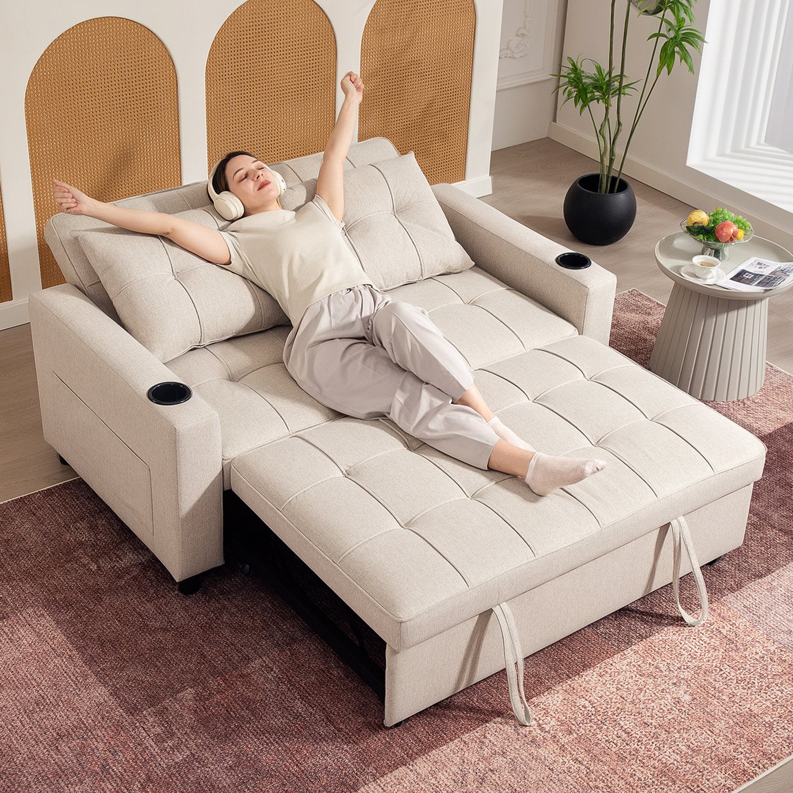 HOMCOM Two-Seater Pull-Out Sofa Bed - Beige - Image 8