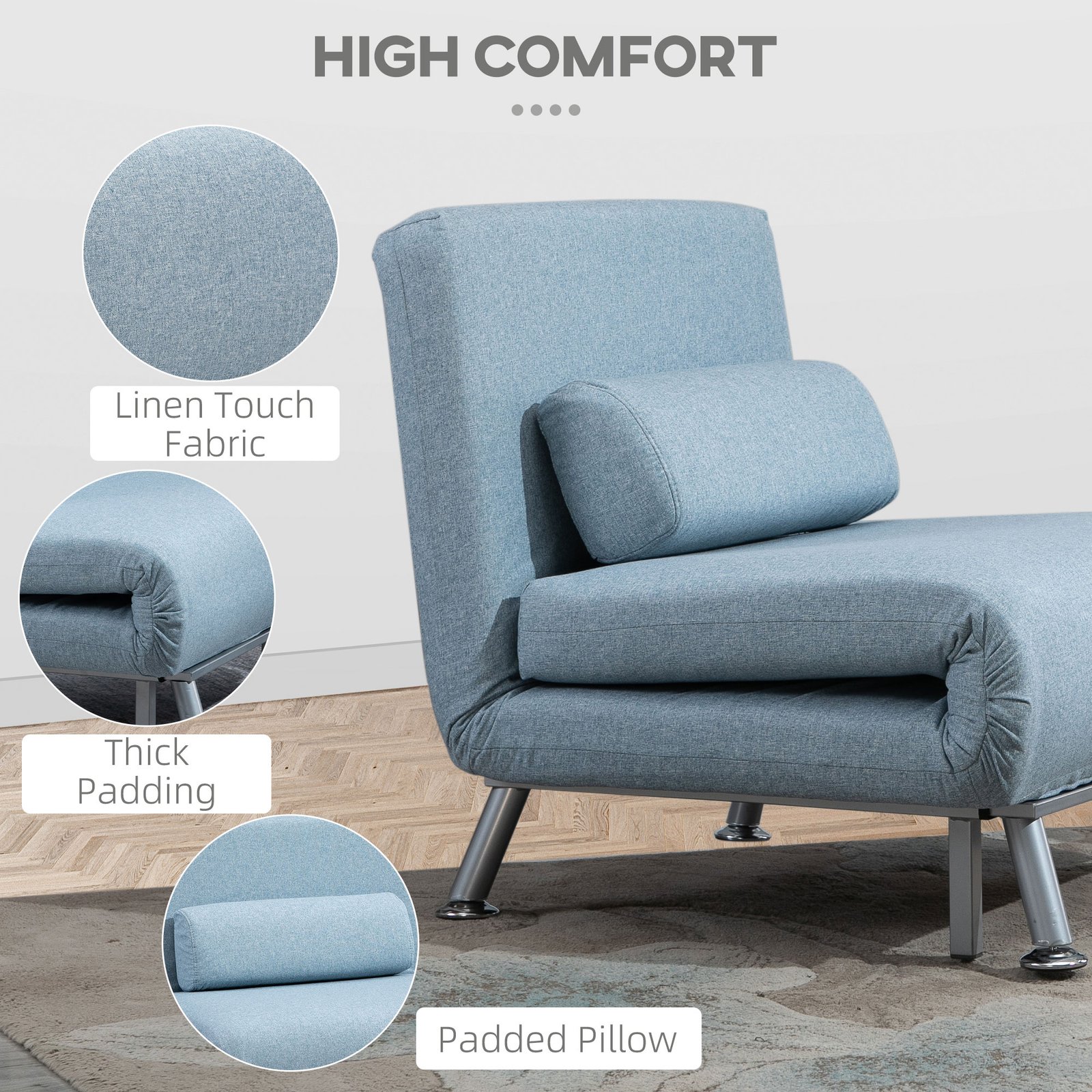 HOMCOM Single Sofa Chair Bed, Linen Fabric 3-in-1 Convertible Sleeper Chair with 5-Position Adjustable Backrest, 75cm Wide Seat, Pillow for Living Room, Bedroom, Sky Blue - Image 5