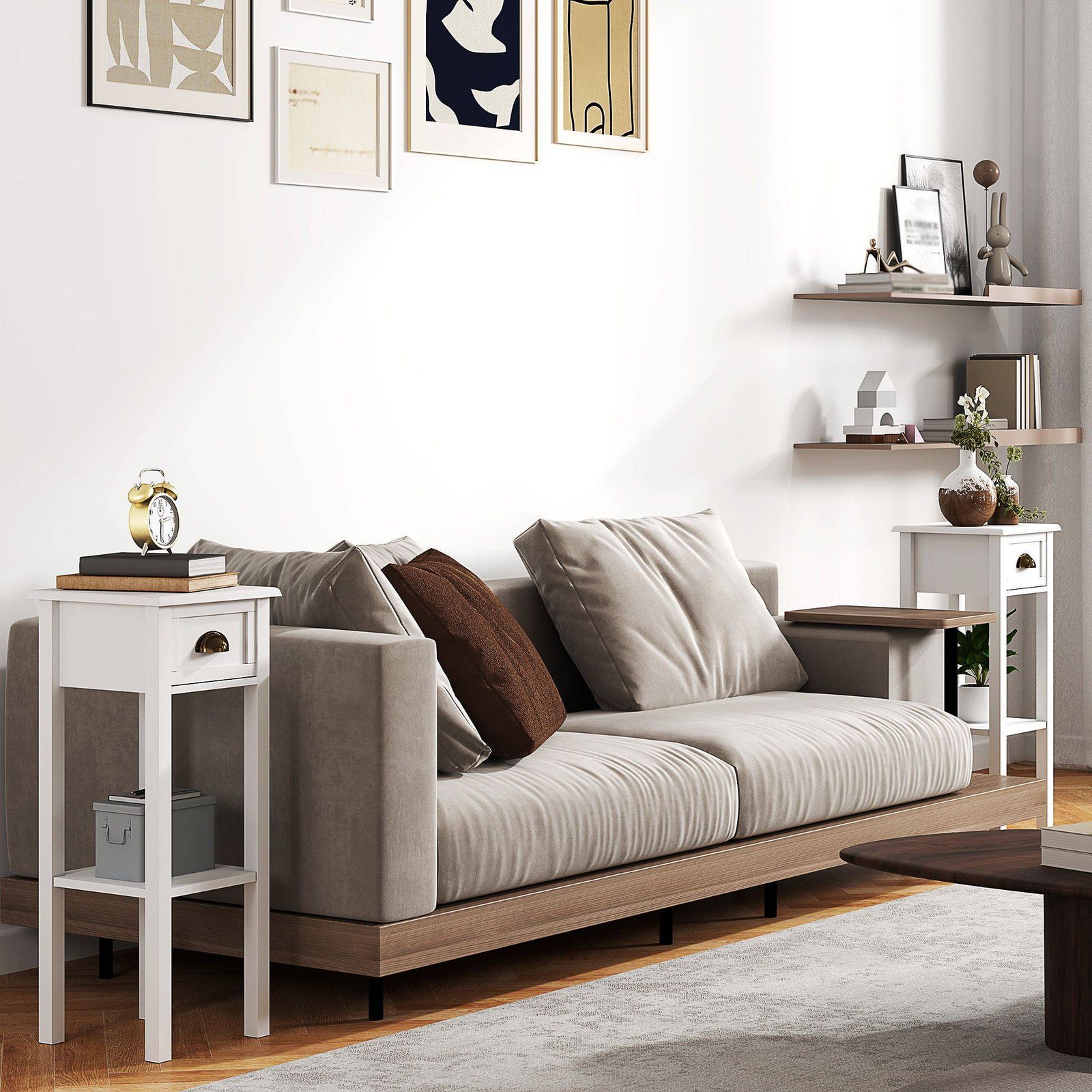 HOMCOM 2-Tier Side Tables Set of 2 with Drawer and Shelf, 2 Pieces Bedside Tables for Living Room and Hallway, White - Image 8