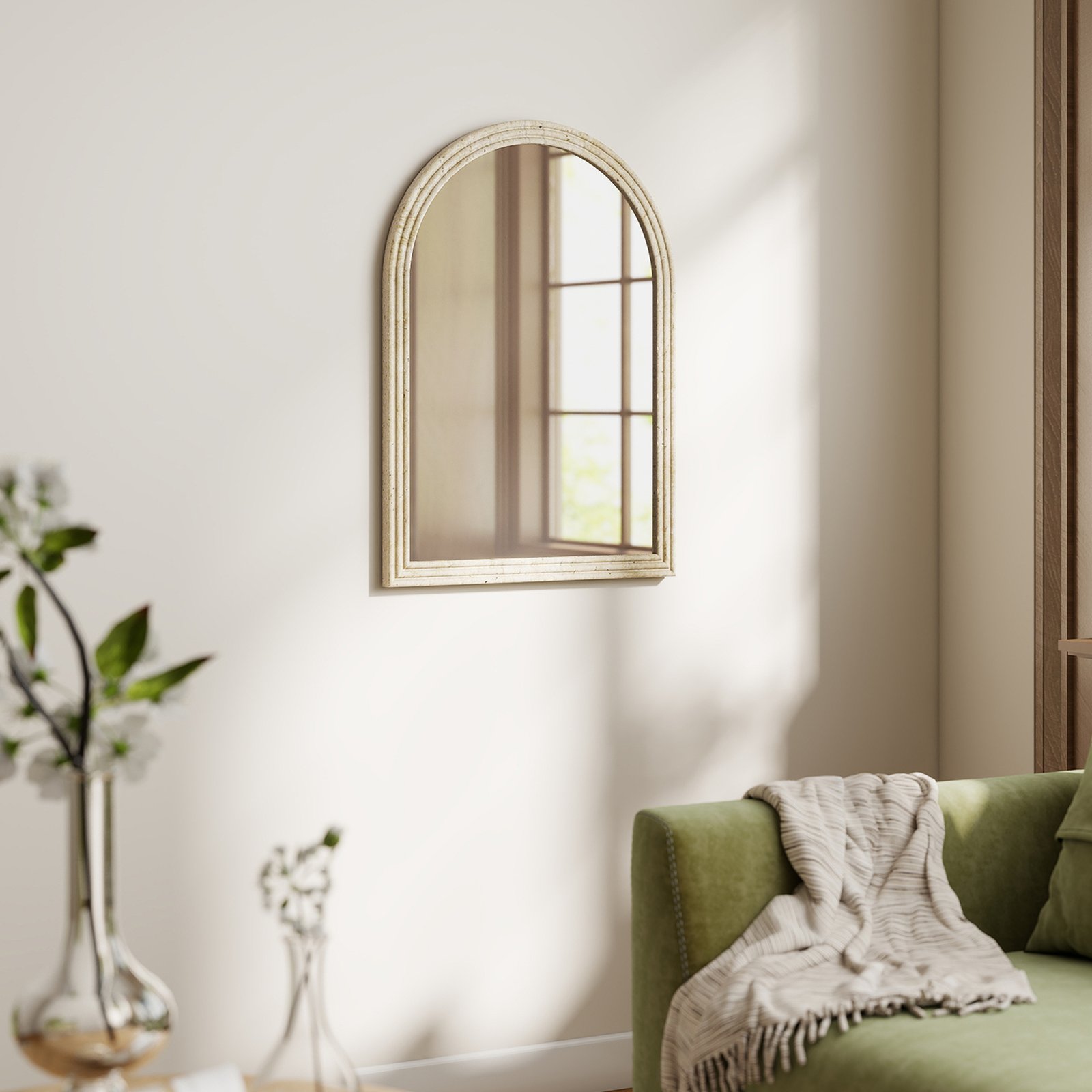 HOMCOM Arched Wall Mirror with Grooved Edge & Hooks, Wall-Mounted Mirror, Modern Tempered Glass & Polystyrene Beige - Image 9