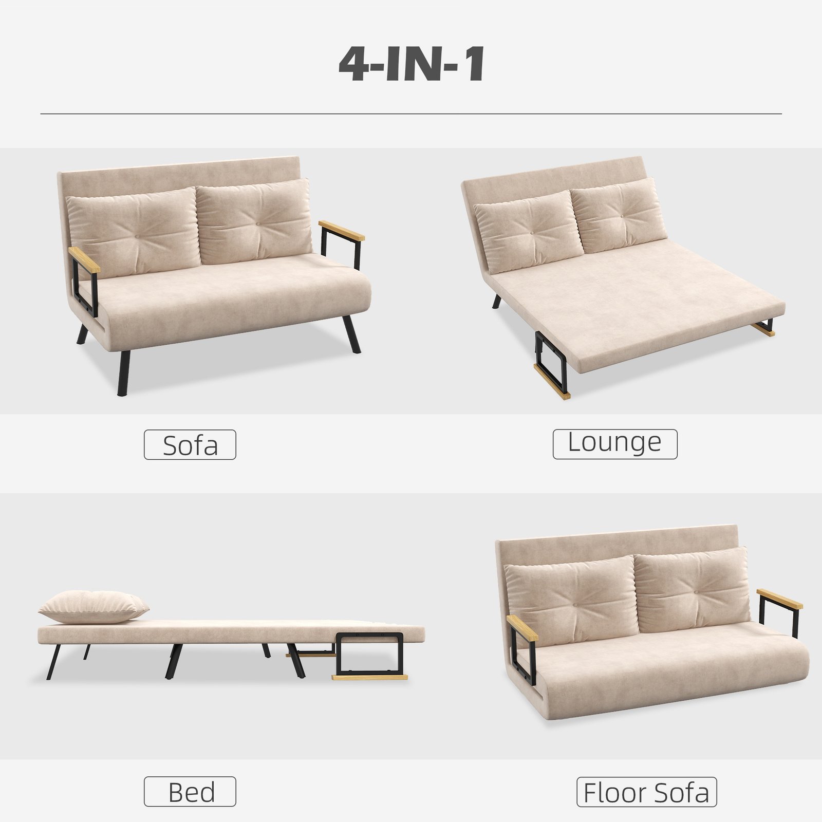 HOMCOM 4-in-1 Velvet-Feel Double Sofa Bed, with Pillows - Beige - Image 4