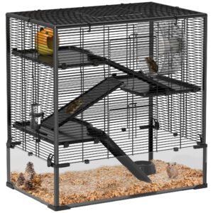 PawHut Four-Tier Hamster Cage with Deep Tempered Glass Bottom, Hut, Running Wheel, Food Dish, Water Bottle, 78.5 x 48.5 x 80cm