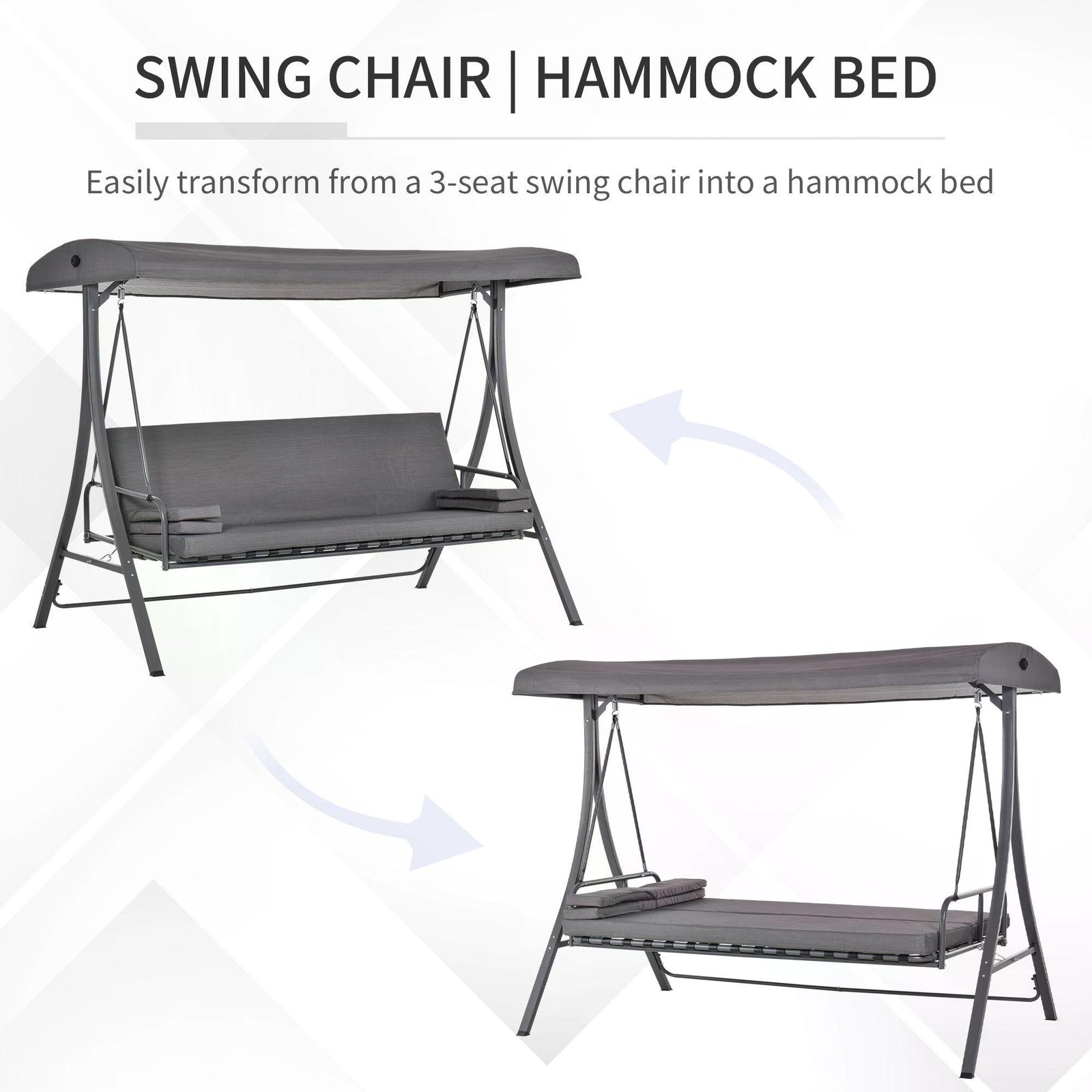 Outsunny 2-in-1 Patio 3 Seater Swing Chair Hammock w/ Cushion Adjustable Canopy Garden - Image 4