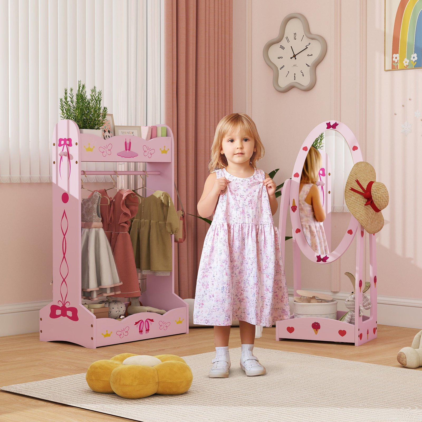 AIYAPLAY Kids Clothes Rail, Kids Dressing Mirror with 360° Rotating, 2 Piece Kids Furniture Set with Storage Shelves, Pink - Image 2