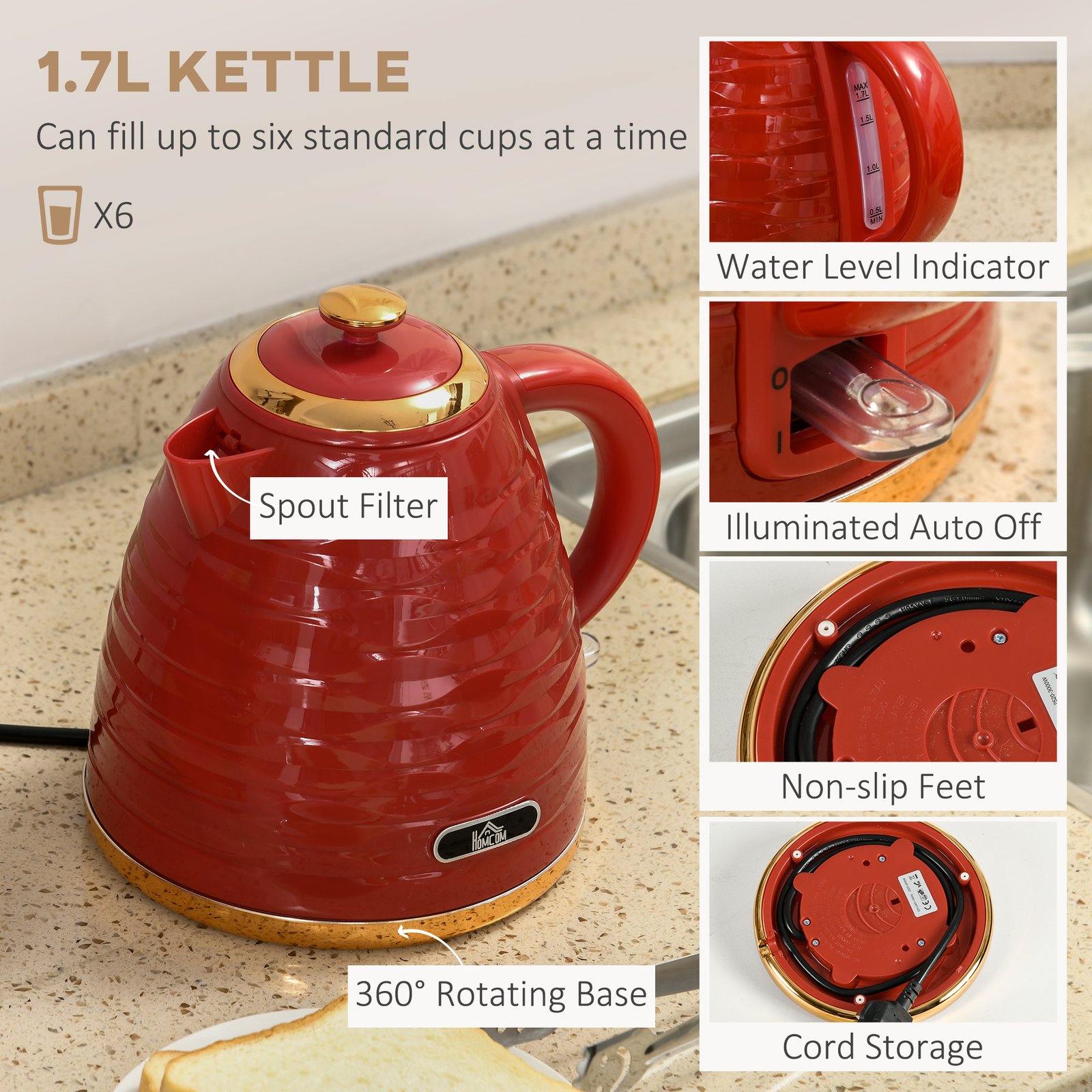 HOMCOM 3000W 1.7L Rapid Boil Kettle & 4 Slice Toaster, Kettle and Toaster Set with 7 Browning Controls and Crumb Tray, Red - Image 4