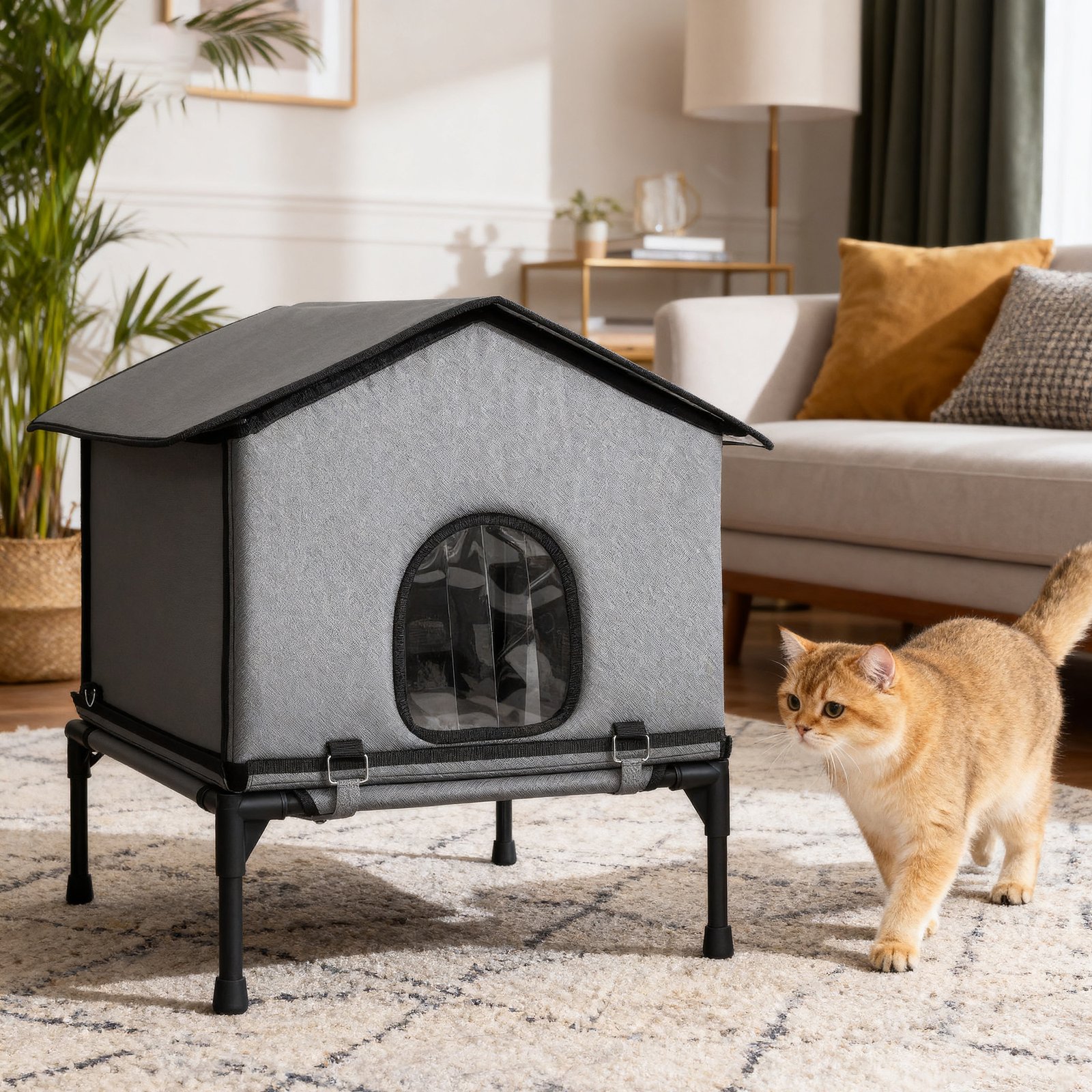 PawHut Outdoor Cat House, Waterproof Insulated Cat Kennel with Elevated Base, Foldable Feral Kitty Shelter for Kittens, Grey - Image 2