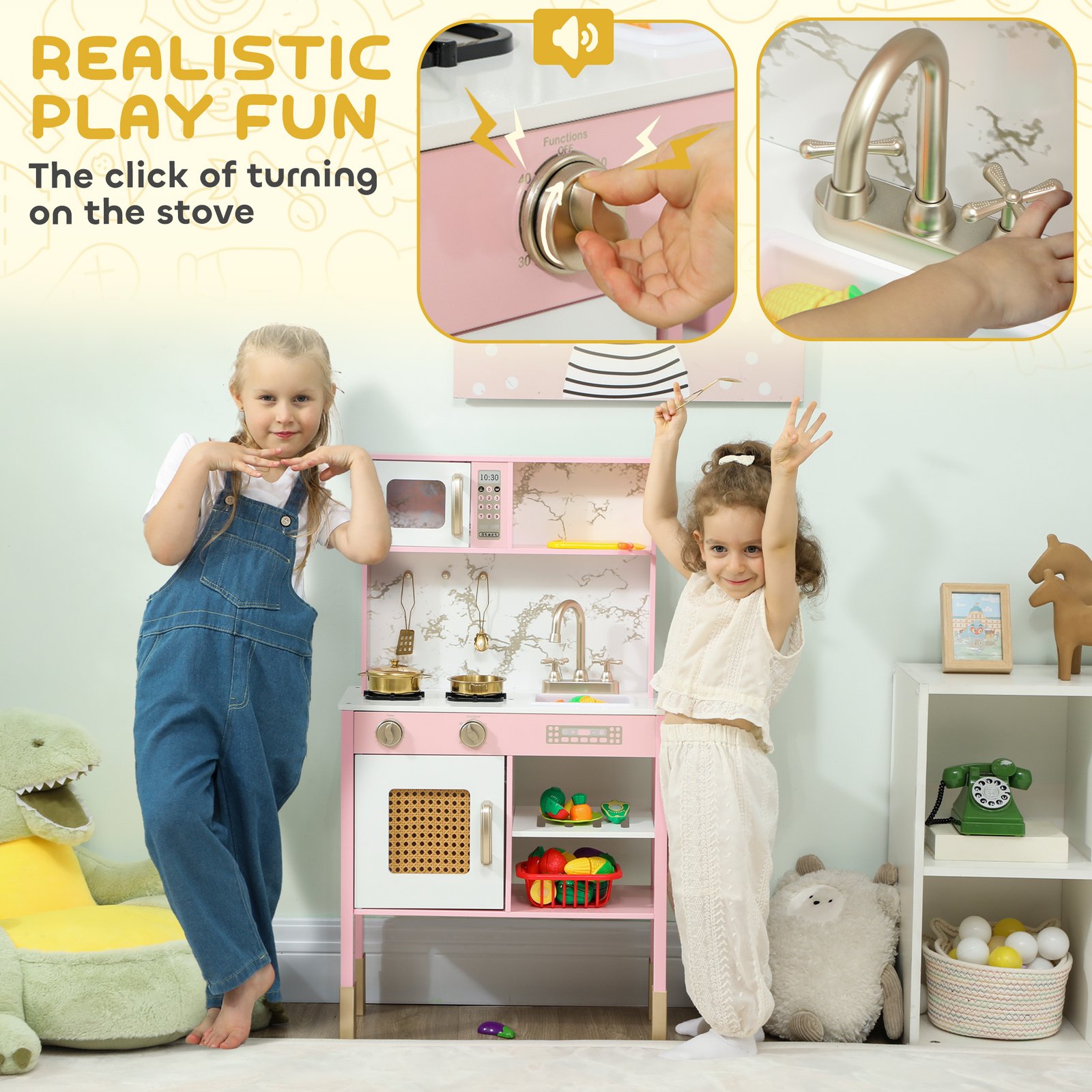 AIYAPLAY Kitchen Playset with Pretend Play Cooking Accessories, Play Kitchen with Oven, Microwave and Sink, Pink - Image 4