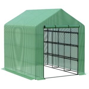 Outsunny Walk-in Greenhouse with 4 Tier 24 Shelves, Portable Grow House with Roll-up Zipped Door, 244 x 180 x 210cm, Green