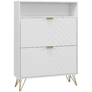 HOMCOM 12 Shoe Storage Cabinet with Chevron Indents and Gold Tone Accents - White