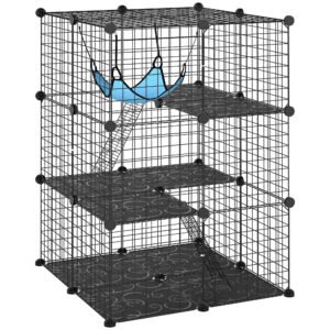 PawHut Indoor Cat Cage DIY Customizable 3-Tier Indoor Cat Enclosure with 3 Doors and Hammock 105 cm Black