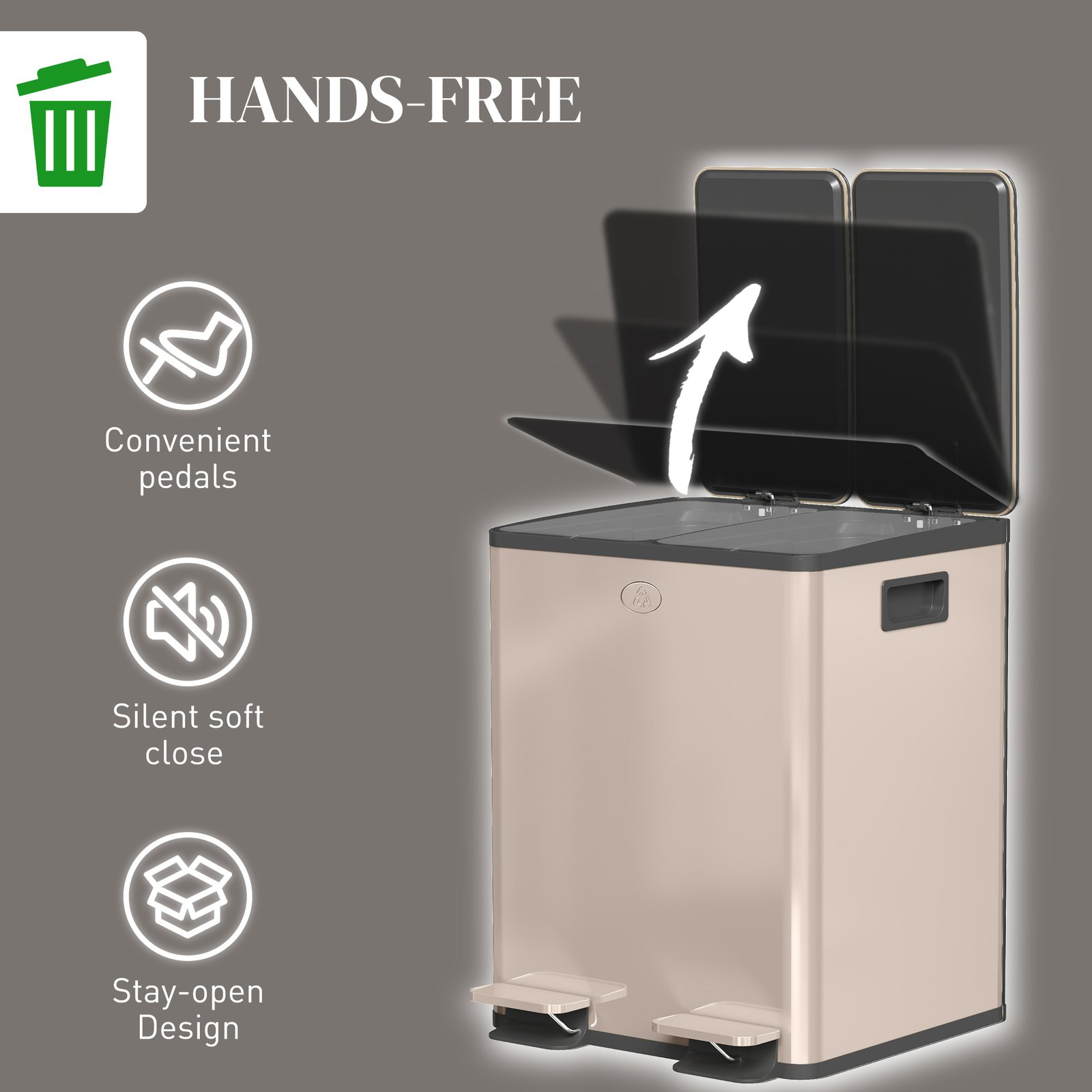 HOMCOM 40L Dual Compartment Stainless Steel Bin, with Deodoriser Holders - Gold Tone - Image 6