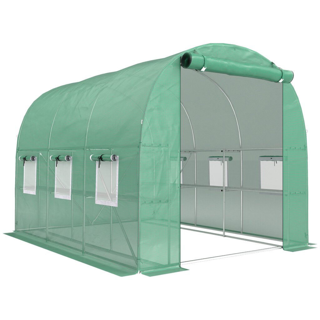 Outsunny Walk-in Greenhouse with Shelves, Polytunnel Greenhouse with Roll-Up Door, 6 Mesh Windows,198 x 275 x 191 cm, Green Outsunny Walk-in Greenhouse with Shelves, Polytunnel Greenhouse with Roll-Up Door, 6 Mesh Windows,198 x 275 x 191 cm, Green