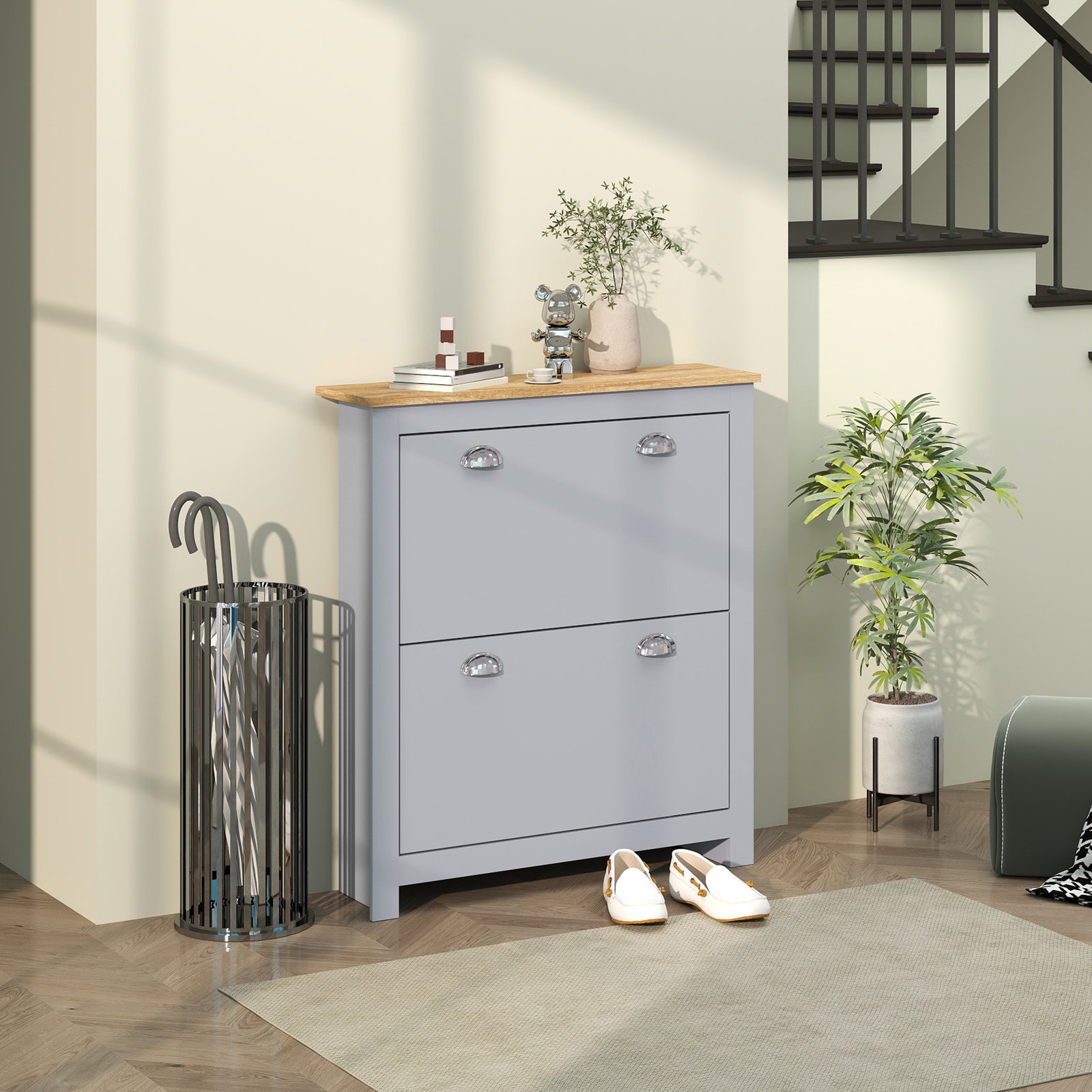 HOMCOM 2 Drawer Shoe Cabinet Modern Narrow Shoe Cupboard Hallway Wooden Storage Organiser with Flip Doors Adjustable Shelf for 6-12 Pairs, Grey - Image 2