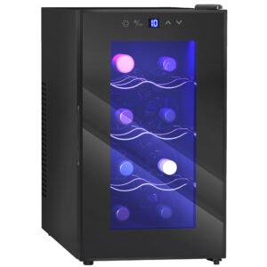 HOMCOM Mini Table Top Wine Fridge, 8 Bottle, 17L, 8-18?, 26.5cm Quiet Under Counter Wine Cooler Fridge with Glass Door, LED Light, Digital Touch Screen, Temperature Control