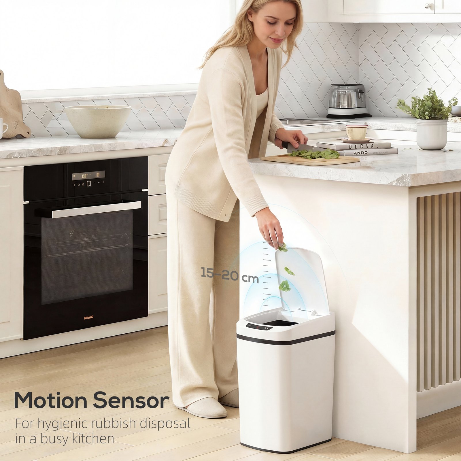 HOMCOM 12L Sensor Bin, Automatic Touchless Motion Sensor Kitchen Bin with Fingerprint Resistant Stainless Steel, White - Image 4