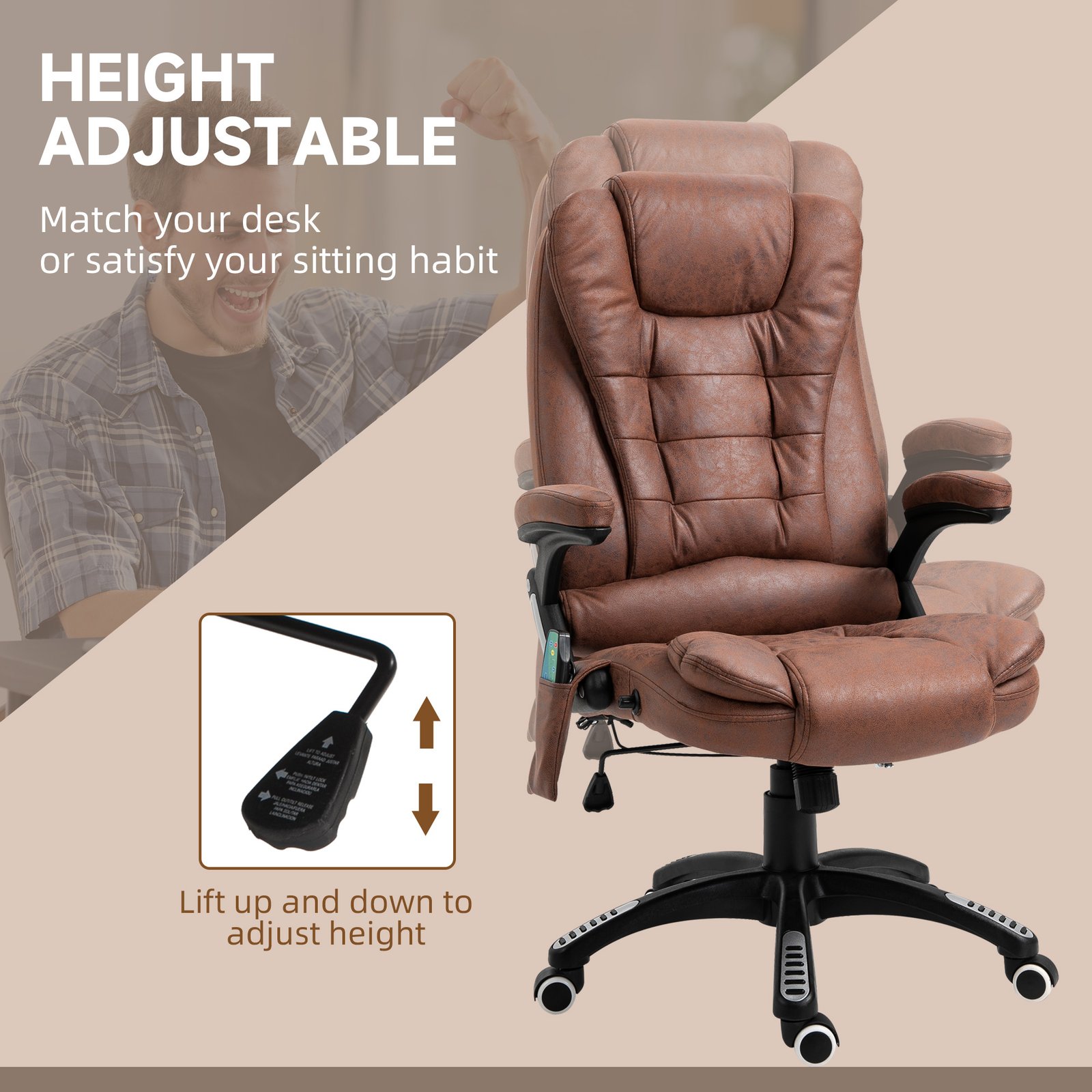 Vinsetto Massage Recliner Chair Heated Office Chair with Six Massage Points Microfiber Cloth 360° Swivel Wheels Brown - Image 5