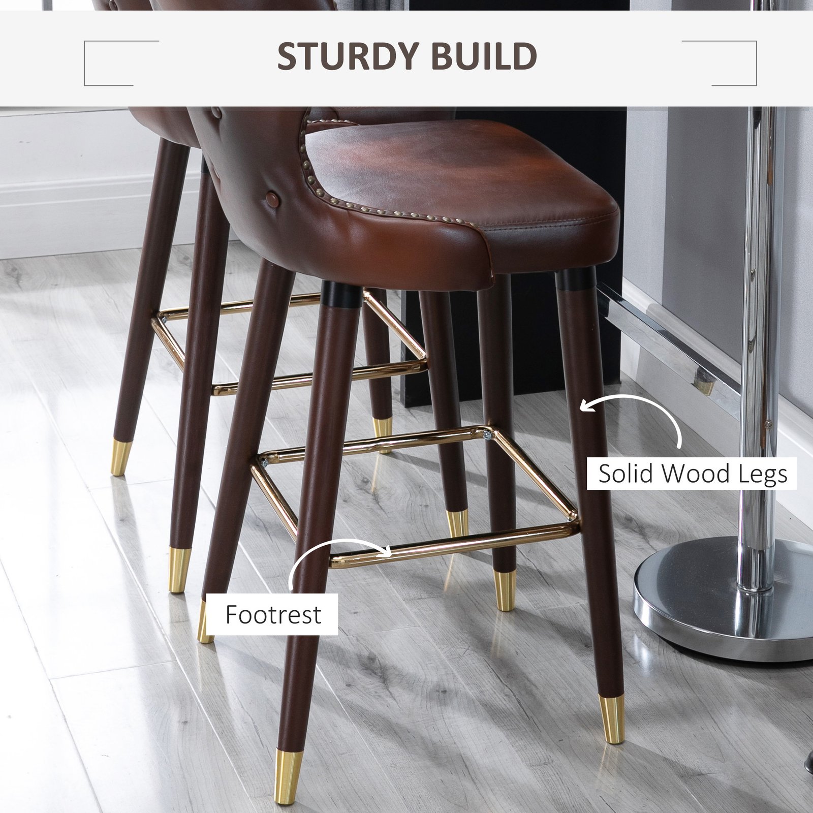 HOMCOM Bar Stools Set of 2, PU Leather Barstools with Back, Footrest and Wood Legs for Kitchen, Counter, Breakfast Bar, Brown - Image 5
