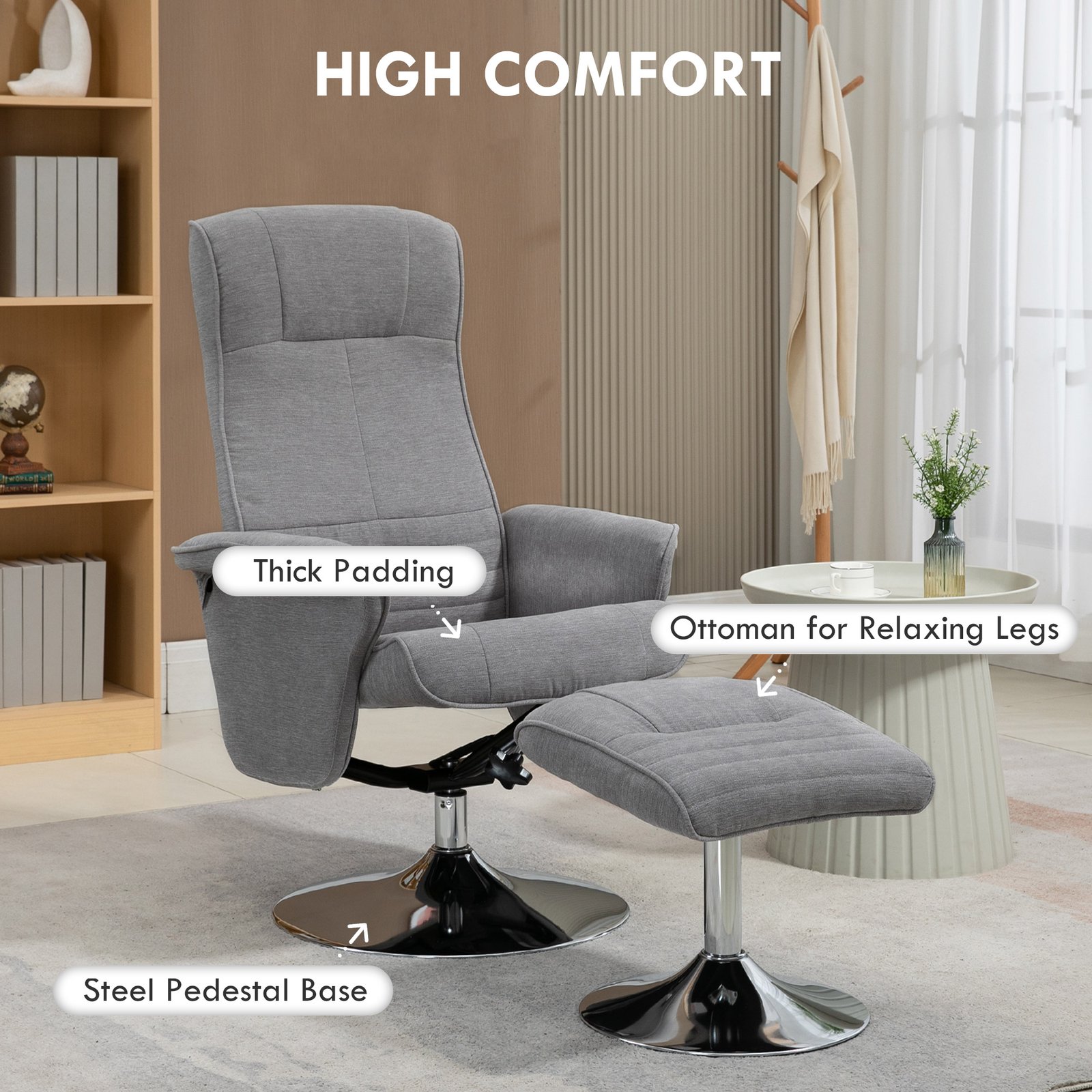 HOMCOM Swivel Recliner Chair with Footstool, Velvet Recliner Armchair with Ottoman, Steel Base, Upholstered Reclining Chair for Living Room, Bedroom, Office, Grey - Image 6