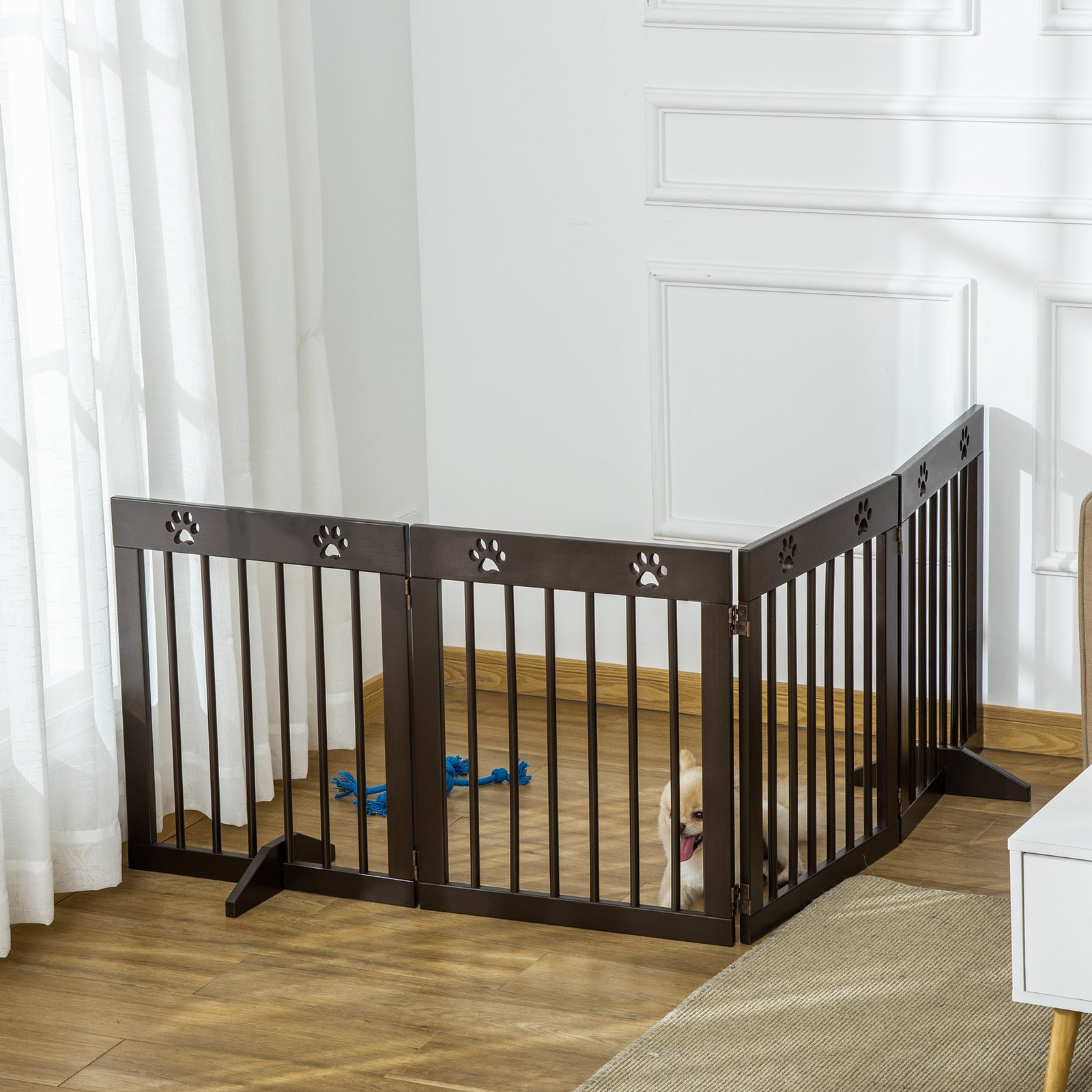 PawHut Freestanding Pet Gate 4 Panel Wooden Dog Barrier Folding Safety Fence with Support Feet up to 204cm Long 61cm Tall for Doorway Stairs Brown - Image 7
