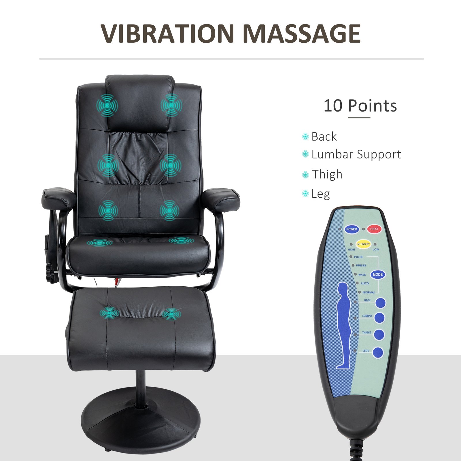 HOMCOM Swivel Recliner Chair and Footstool, Faux Leather Massage Recliner Armchair with Remote Control and Round Wrapped Base, Black - Image 4