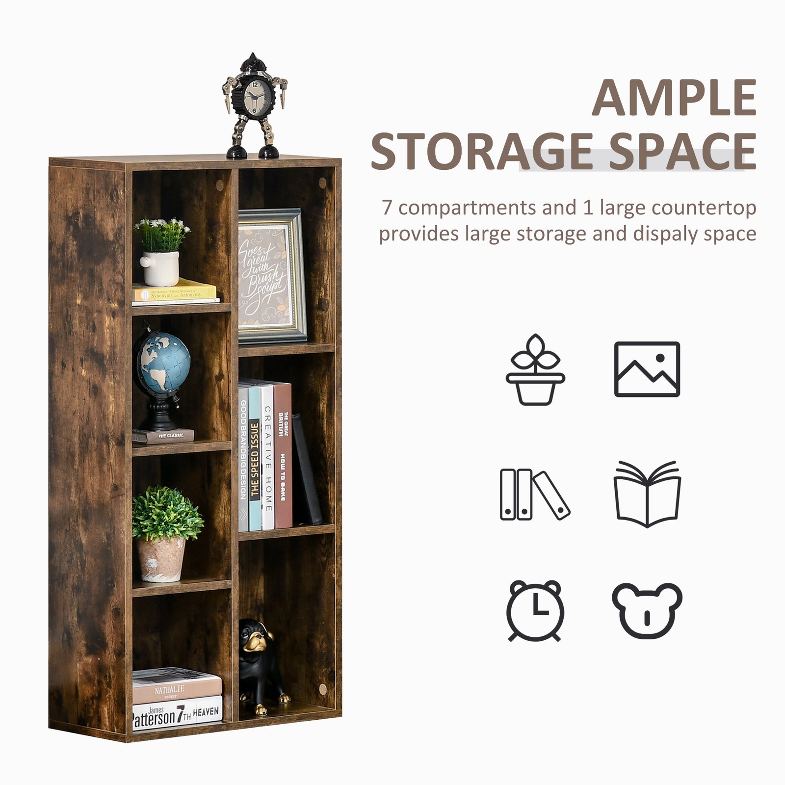 HOMCOM Seven-Cube Bookcase - Rustic Brown Wood Effect - Image 4