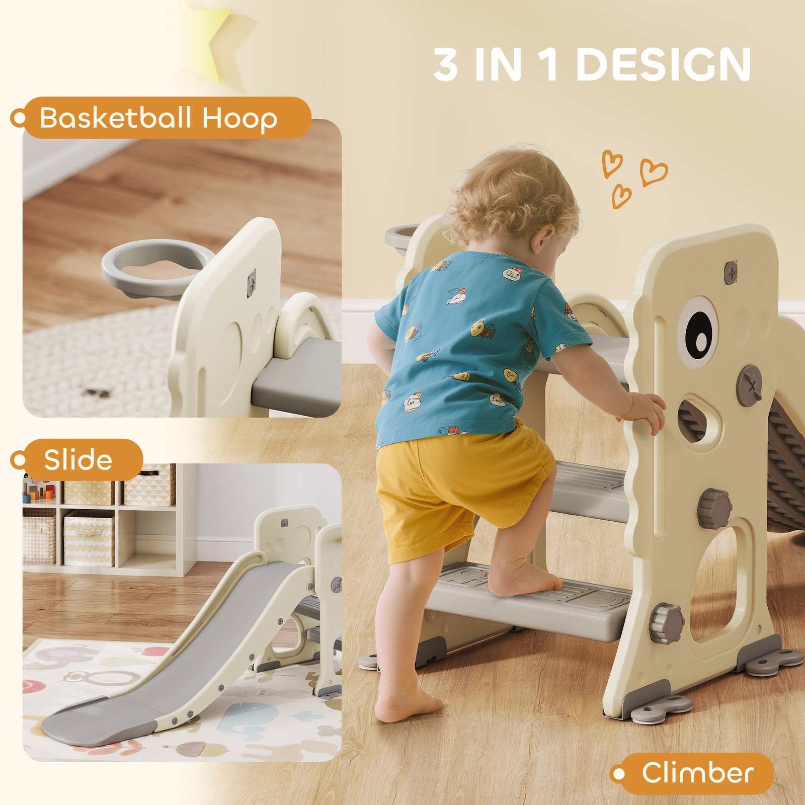 AIYAPLAY 3 in 1 Kids Slide with Climber, Basketball Hoop and Ball, Foldable Indoor Toddler Slide for Ages 2-5, Cream White - Image 5