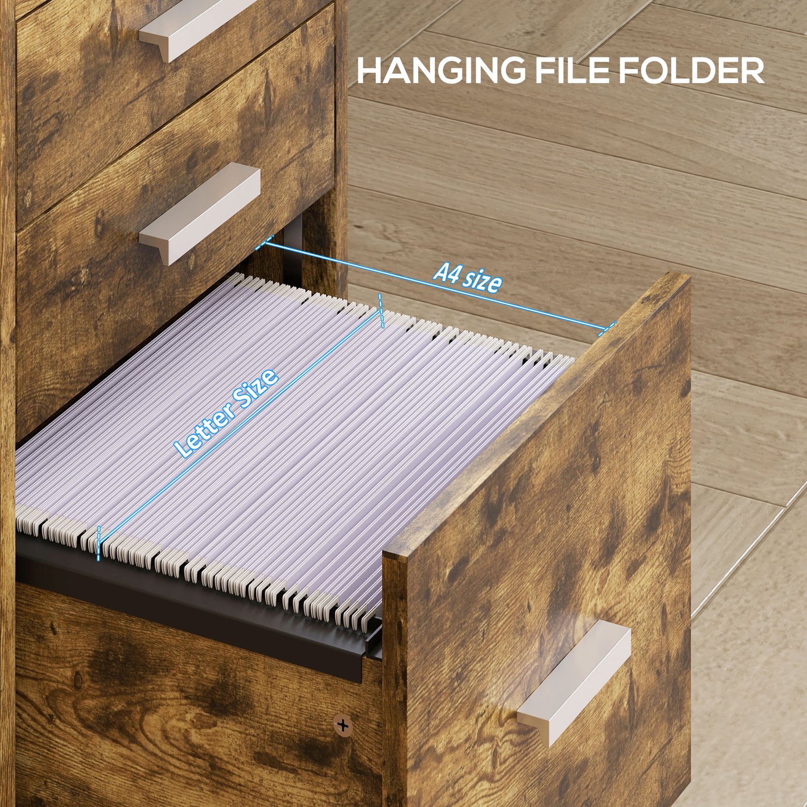 HOMCOM 3 Drawer Filing Cabinet with Lock, Rolling File Cabinet with Edged Top for Letter, A4 Size, Hanging File Folders - Image 5