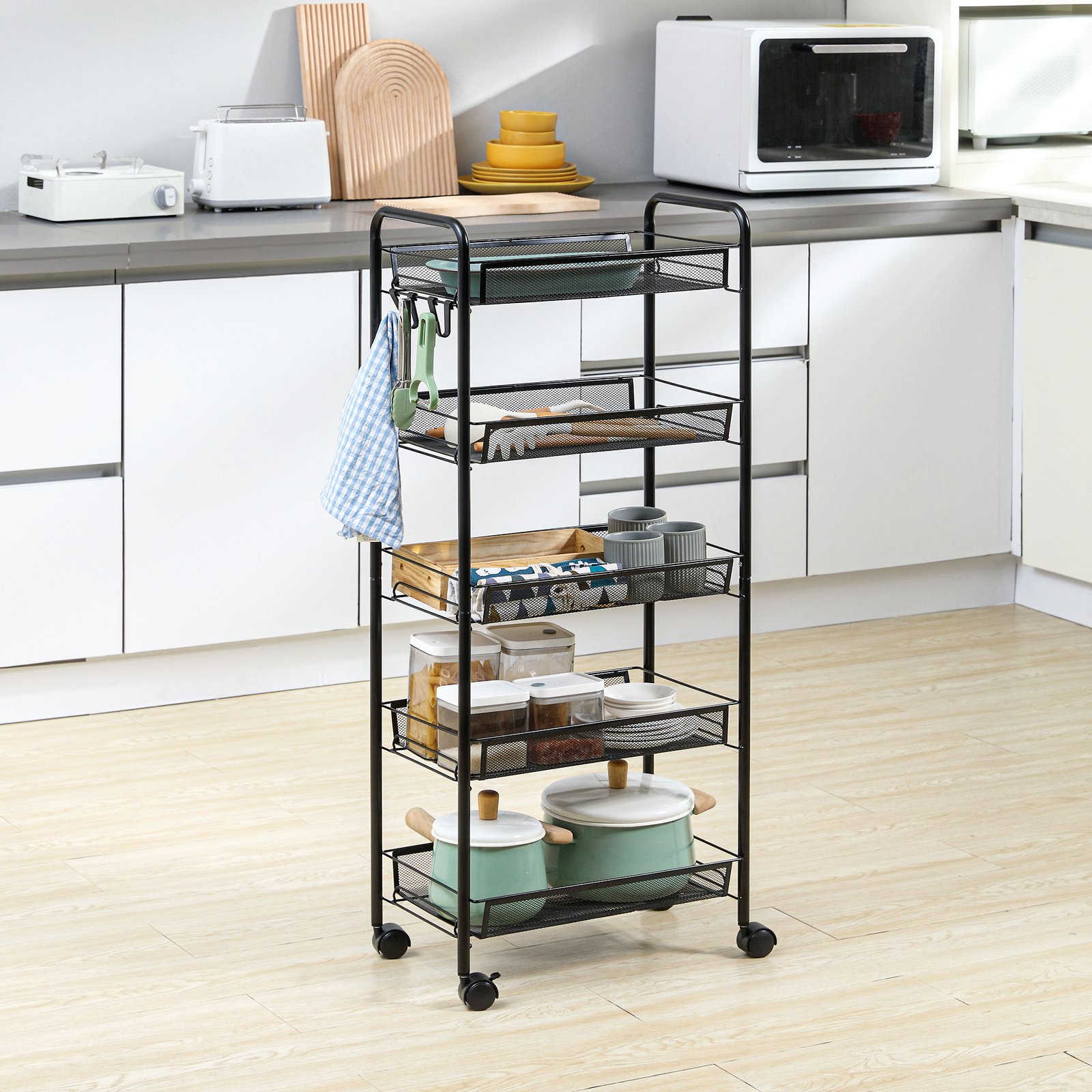 HOMCOM Five-Steel Mesh Basket Storage Trolley, with Wheels - Black - Image 2