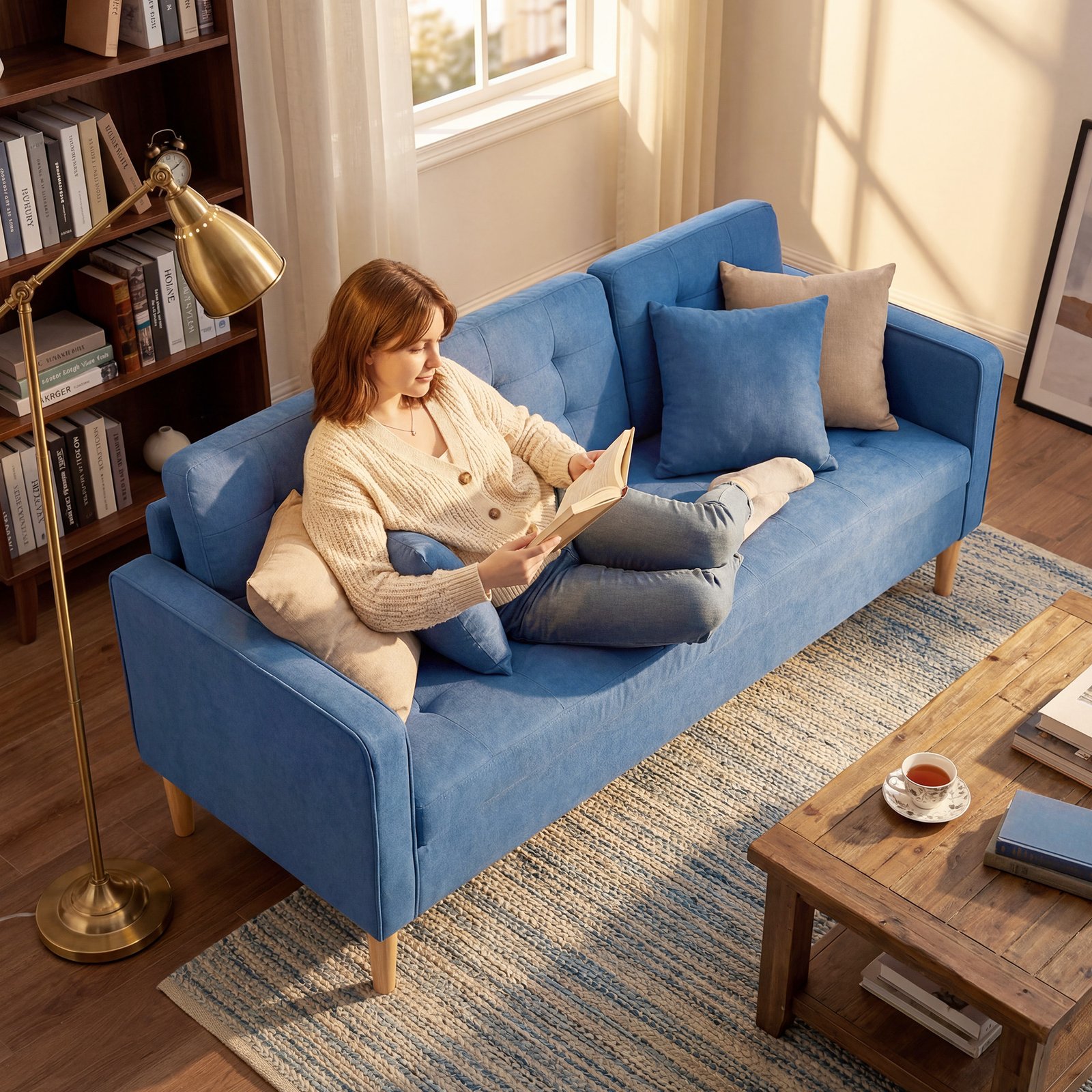 HOMCOM 3 Seater Sofa, 169cm Couch with Hidden Storage, Wood Legs, Blue - Image 7
