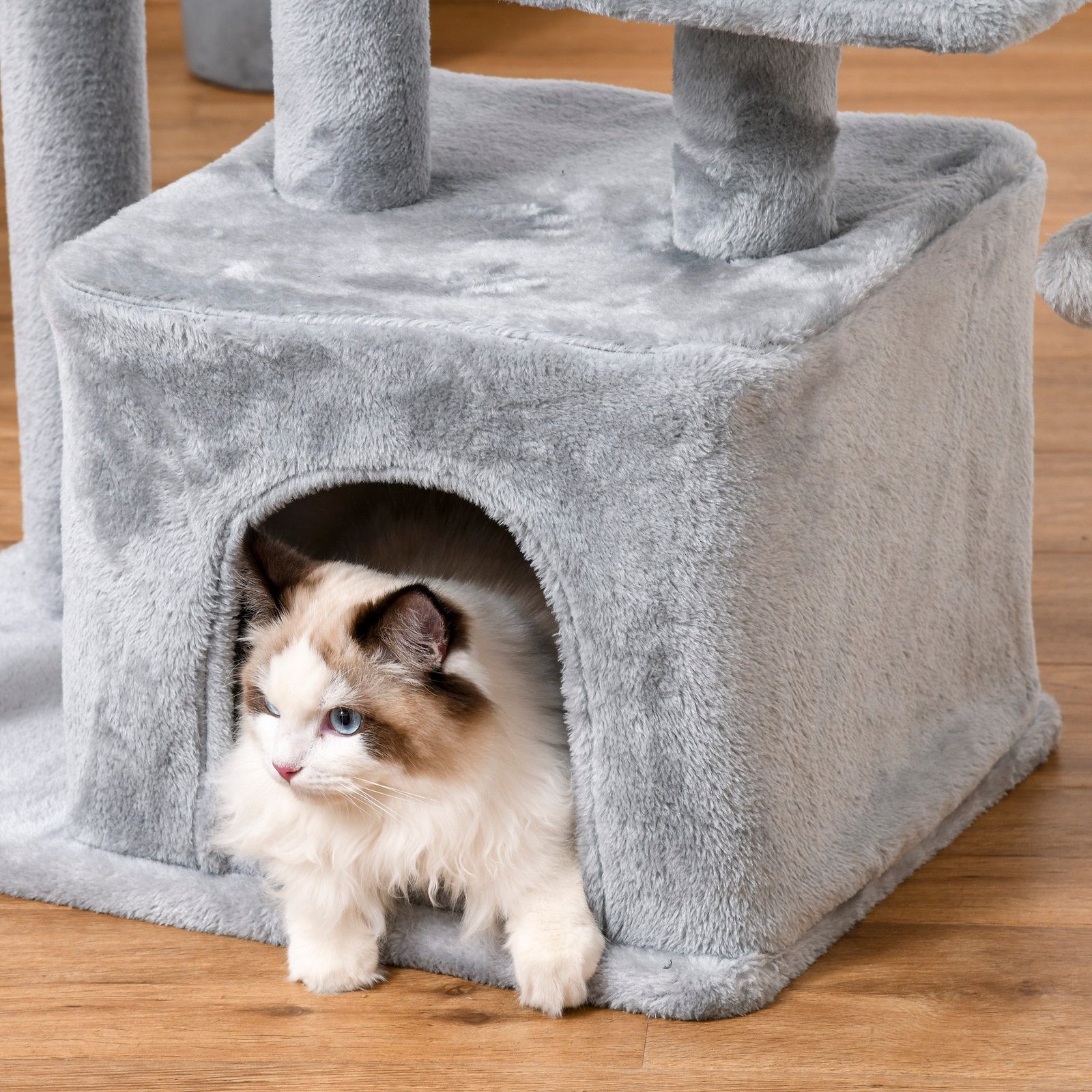 PawHut Cat Tree Tower for Indoor Cats 114cm Climbing Activity Centre Kitten with Sisal Scratching Post Perch Hanging Ball Condo Toy Light Grey - Image 7