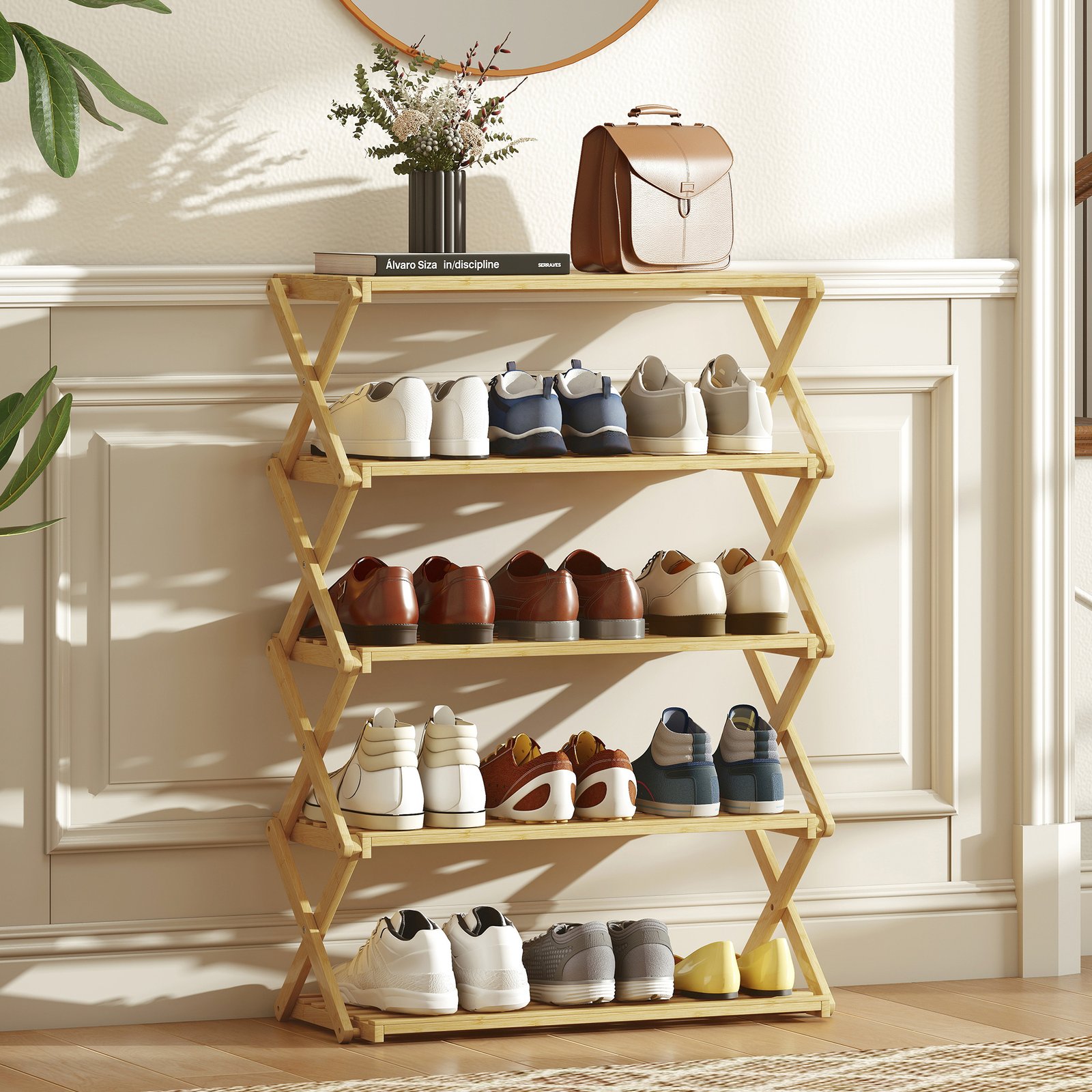 HOMCOM Five-Tier Folding Bamboo Shoe Rack - Natural Finish - Image 8