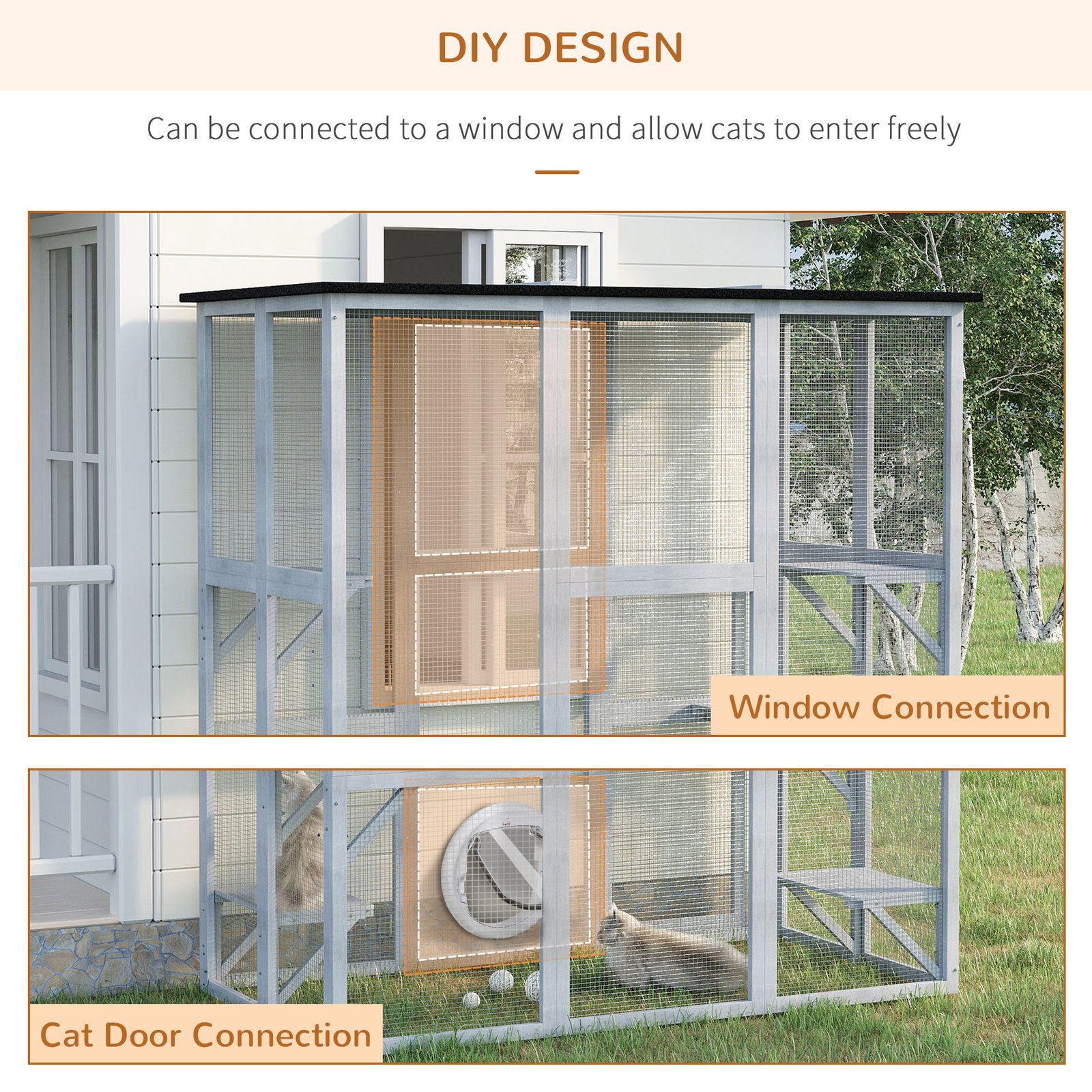 PawHut Wooden Catio Cat Outdoor Enclosure, Cat Cage with Waterproof Roof, Platforms, for Multiple Kittens, 180 x 98 x 180 cm - Image 4